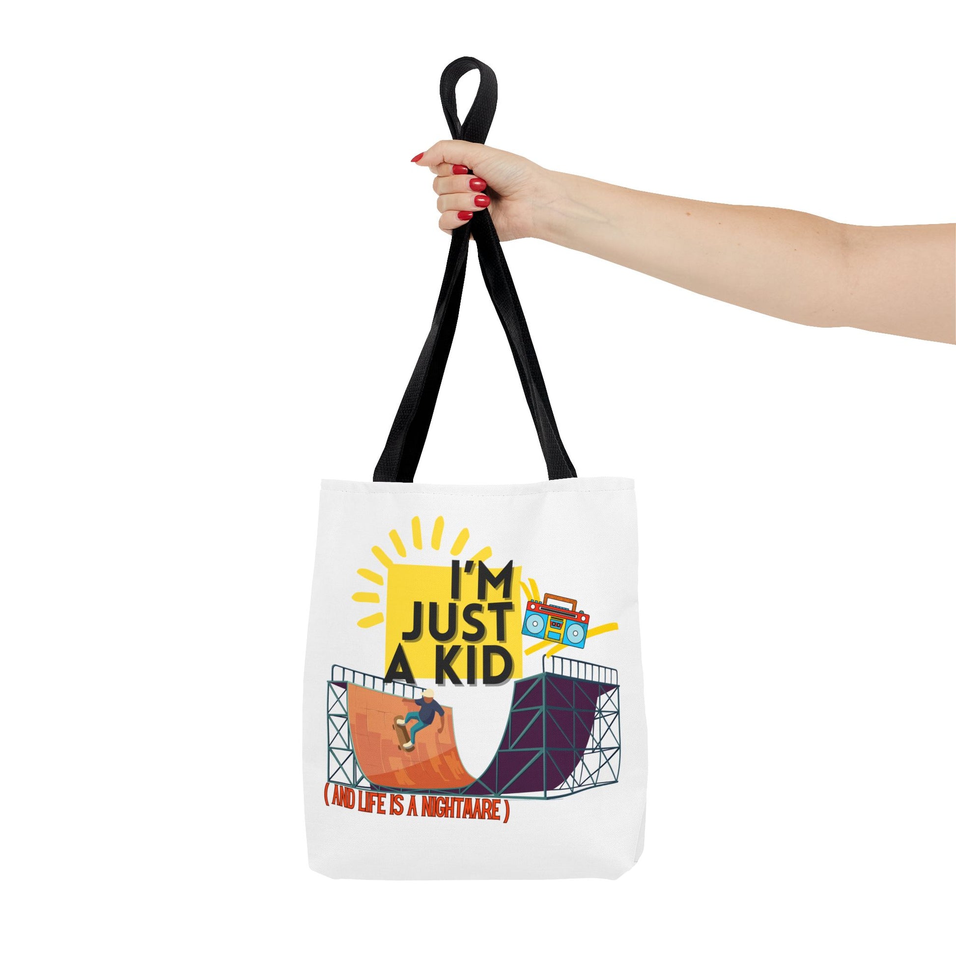“I’m Just a Kid” Emotional Baggage Tote, Fun Kids Tote, Birthday Gift, School Bag, Everyday Essentials, AOP Design - Mixtape Hearts