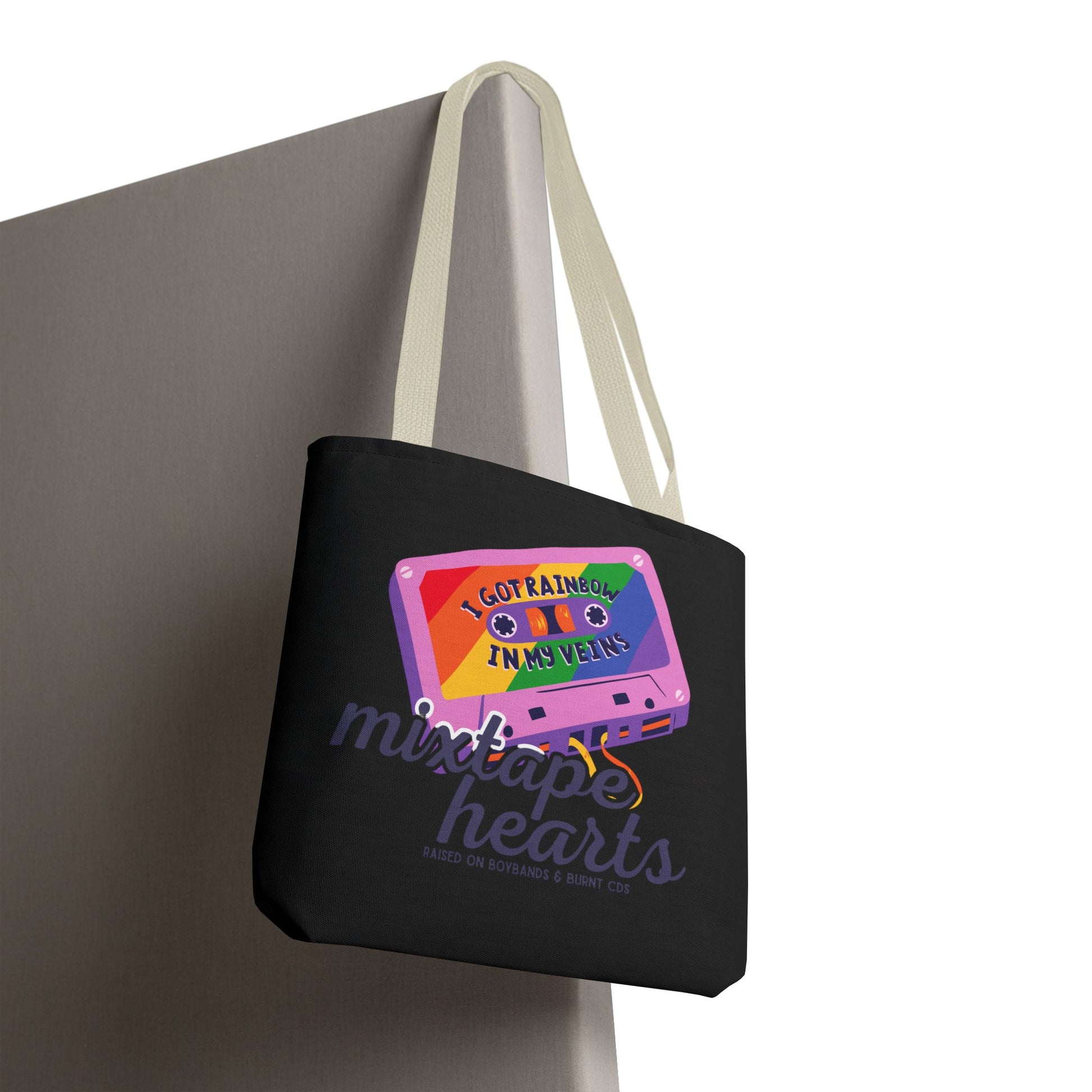 Raised on Boybands & Burnt CDs Tote Bag – Nostalgic Music Tote, Cute Tote, Gift for Fangirls, Fan Merchandise, Artsy Bag, AOP Design - Mixtape Hearts