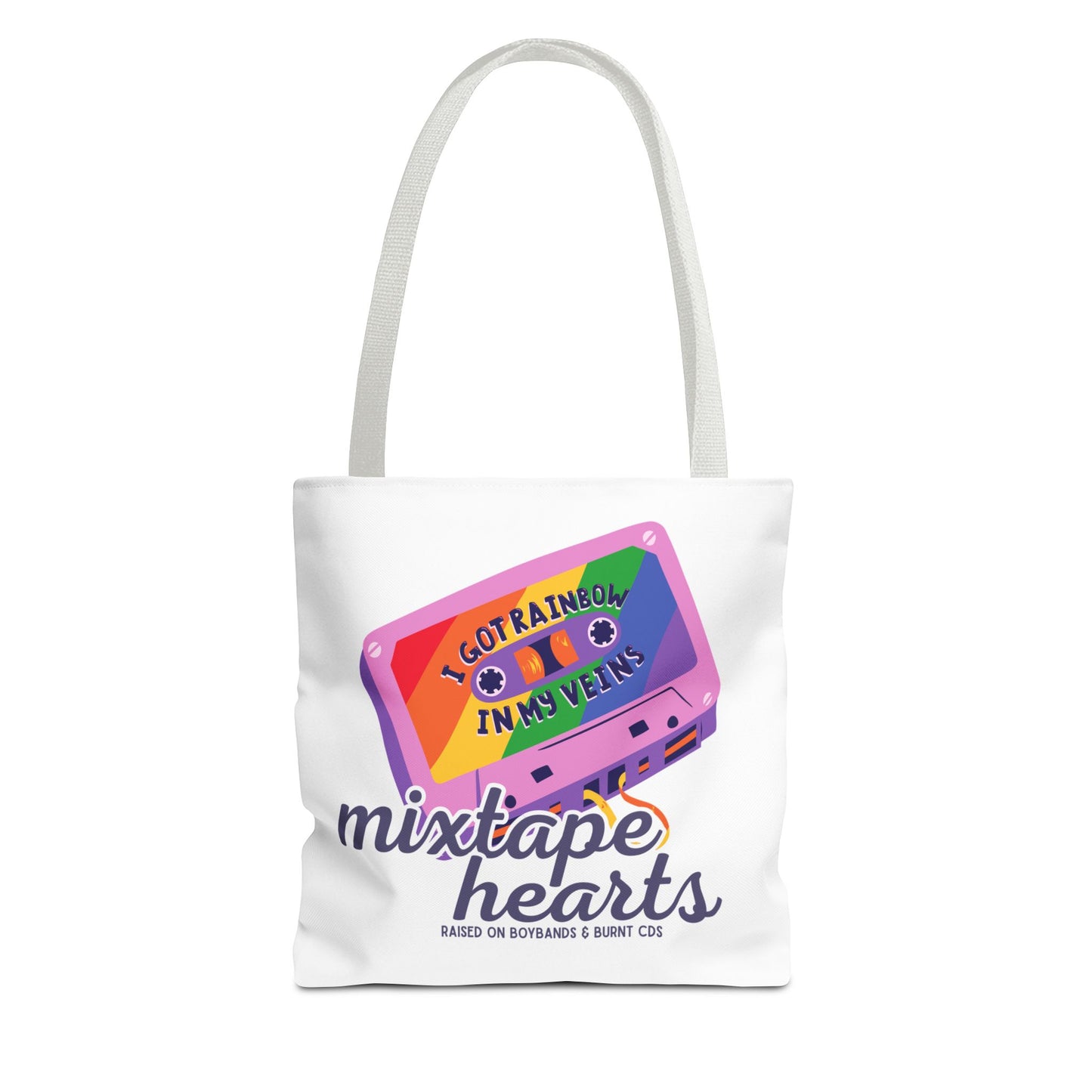 Raised on Boybands & Burnt CDs Tote Bag – Nostalgic Music Tote, Cute Tote, Gift for Fangirls, Fan Merchandise, Artsy Bag, AOP Design - Mixtape Hearts