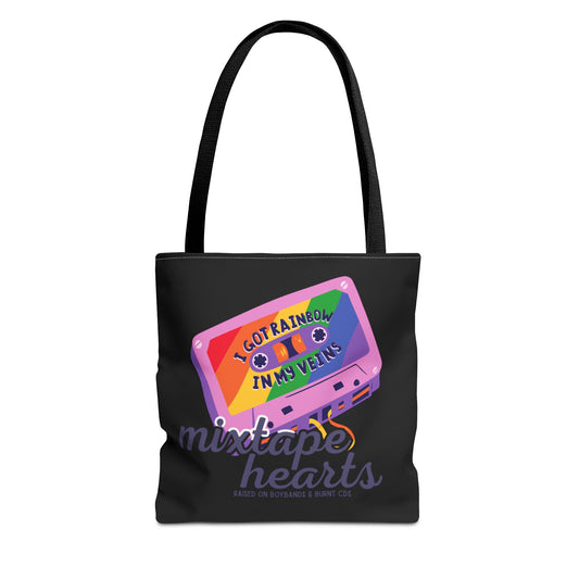 Raised on Boybands & Burnt CDs Tote Bag – Nostalgic Music Tote, Cute Tote, Gift for Fangirls, Fan Merchandise, Artsy Bag, AOP Design - Mixtape Hearts