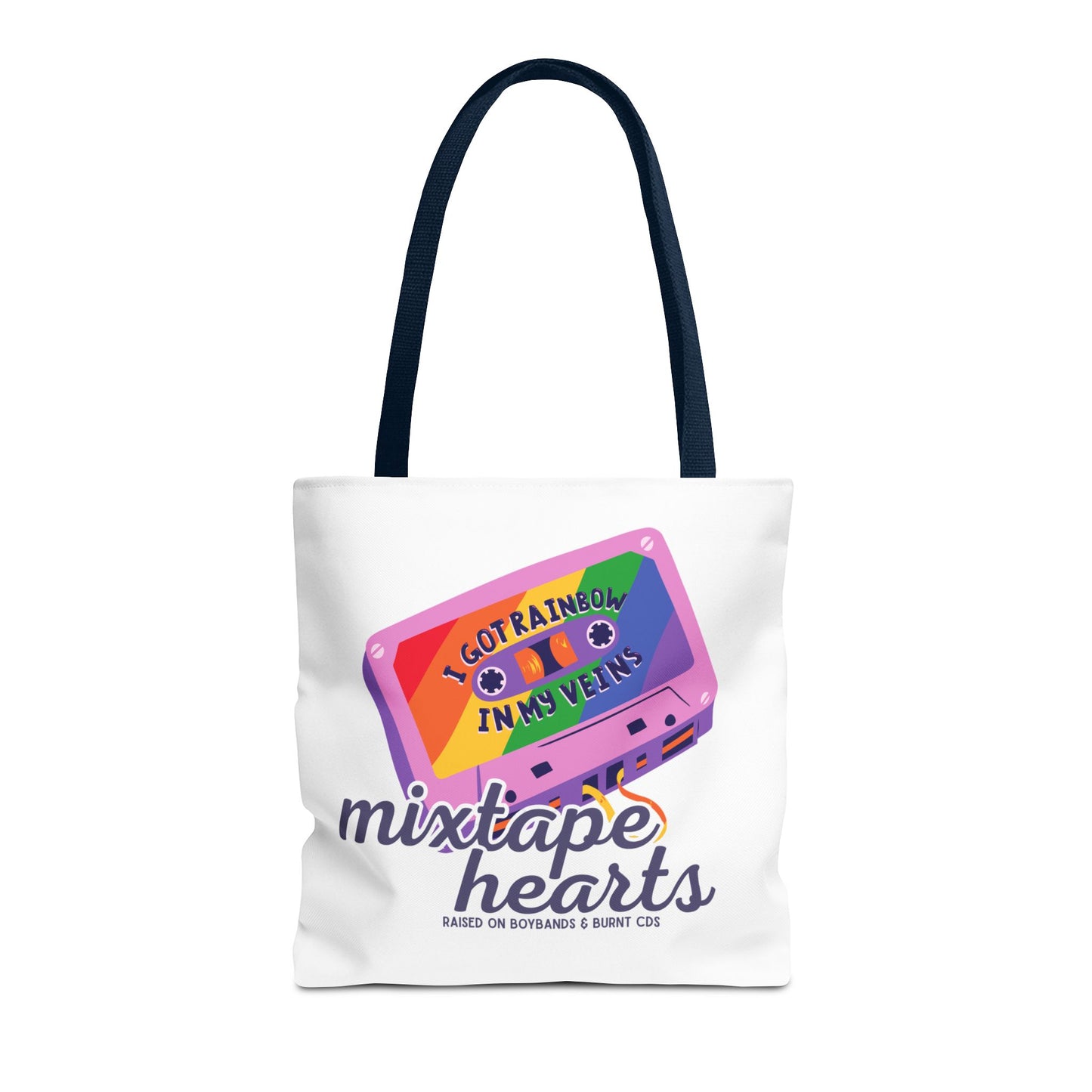 Raised on Boybands & Burnt CDs Tote Bag – Nostalgic Music Tote, Cute Tote, Gift for Fangirls, Fan Merchandise, Artsy Bag, AOP Design - Mixtape Hearts