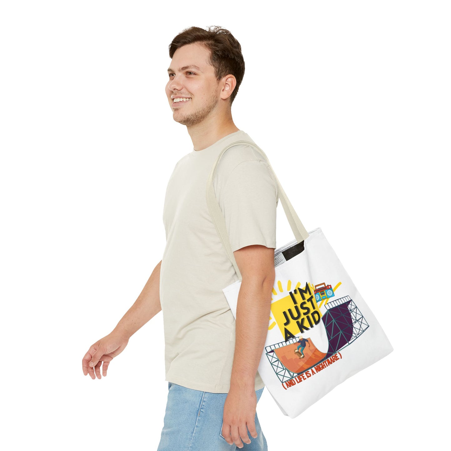“I’m Just a Kid” Emotional Baggage Tote, Fun Kids Tote, Birthday Gift, School Bag, Everyday Essentials, AOP Design - Mixtape Hearts