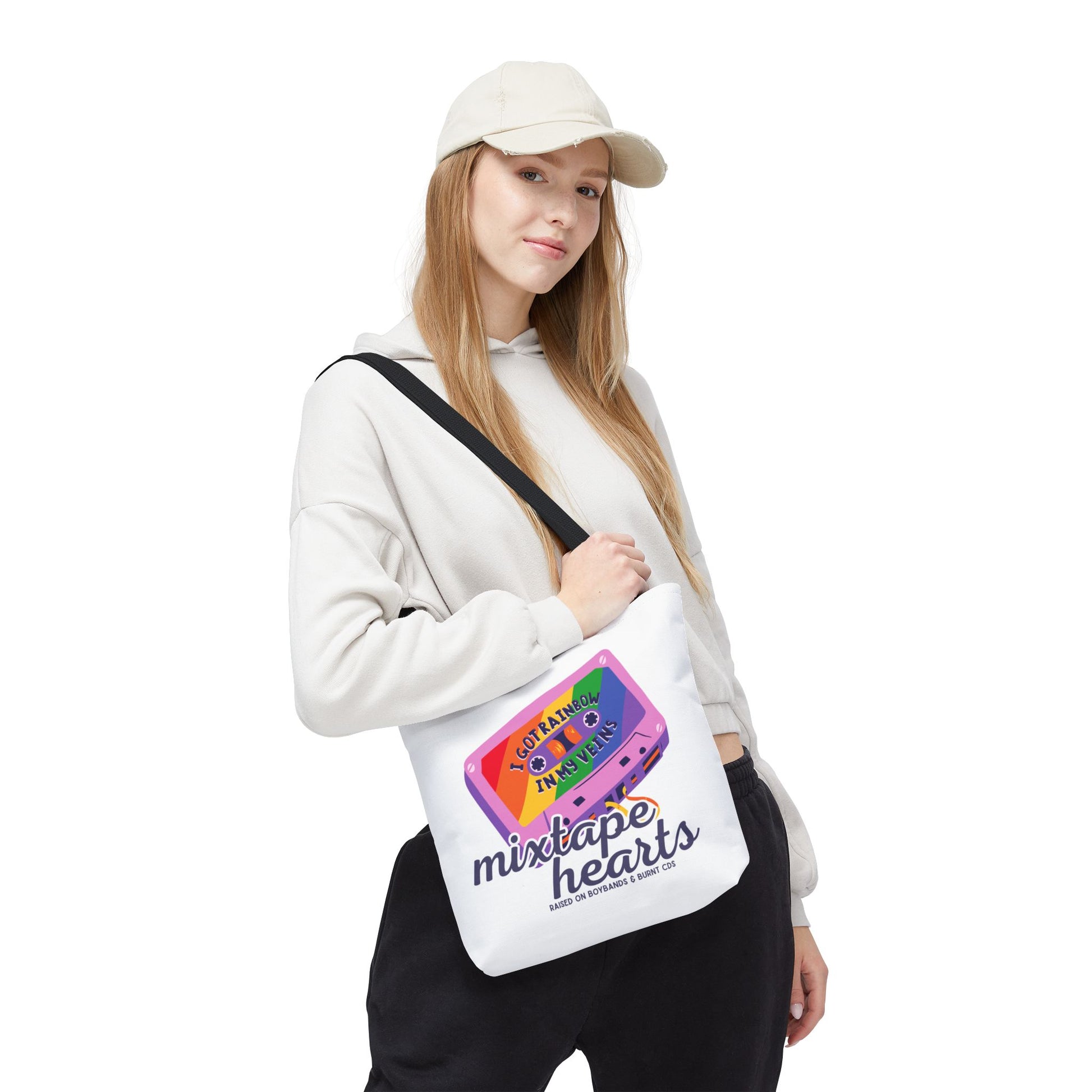 Raised on Boybands & Burnt CDs Tote Bag – Nostalgic Music Tote, Cute Tote, Gift for Fangirls, Fan Merchandise, Artsy Bag, AOP Design - Mixtape Hearts