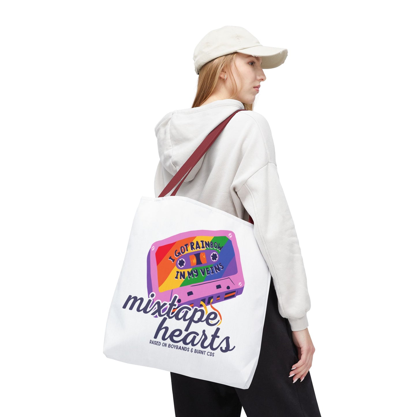 Raised on Boybands & Burnt CDs Tote Bag – Nostalgic Music Tote, Cute Tote, Gift for Fangirls, Fan Merchandise, Artsy Bag, AOP Design - Mixtape Hearts