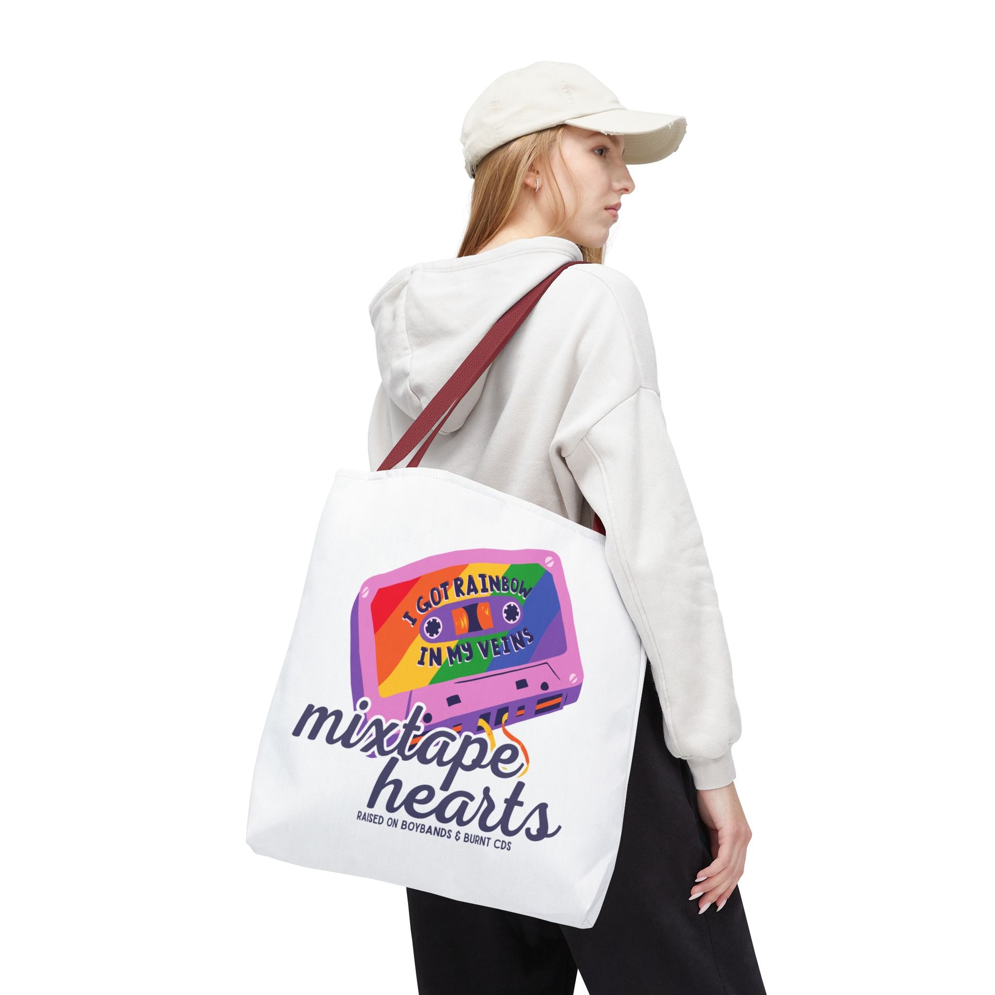 Raised on Boybands & Burnt CDs Tote Bag – Nostalgic Music Tote, Cute Tote, Gift for Fangirls, Fan Merchandise, Artsy Bag, AOP Design - Mixtape Hearts