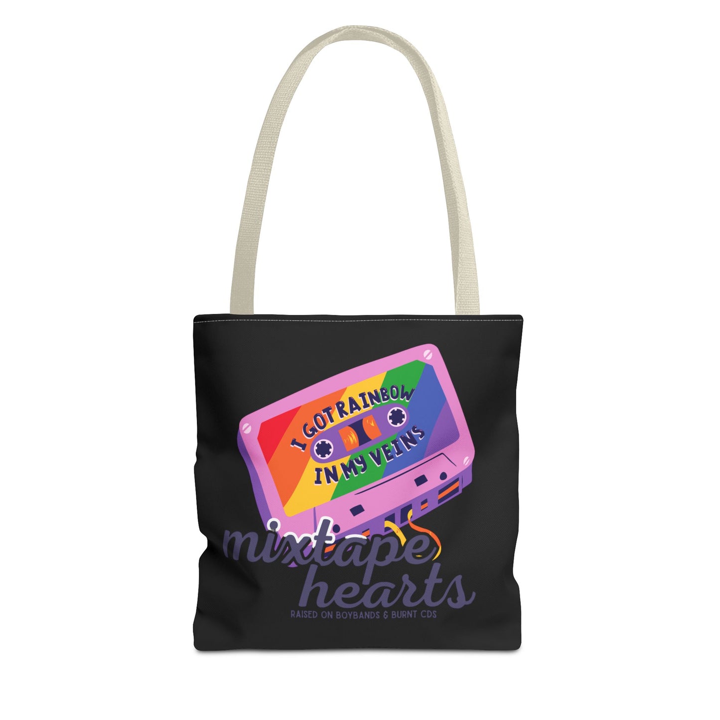 Raised on Boybands & Burnt CDs Tote Bag – Nostalgic Music Tote, Cute Tote, Gift for Fangirls, Fan Merchandise, Artsy Bag, AOP Design - Mixtape Hearts
