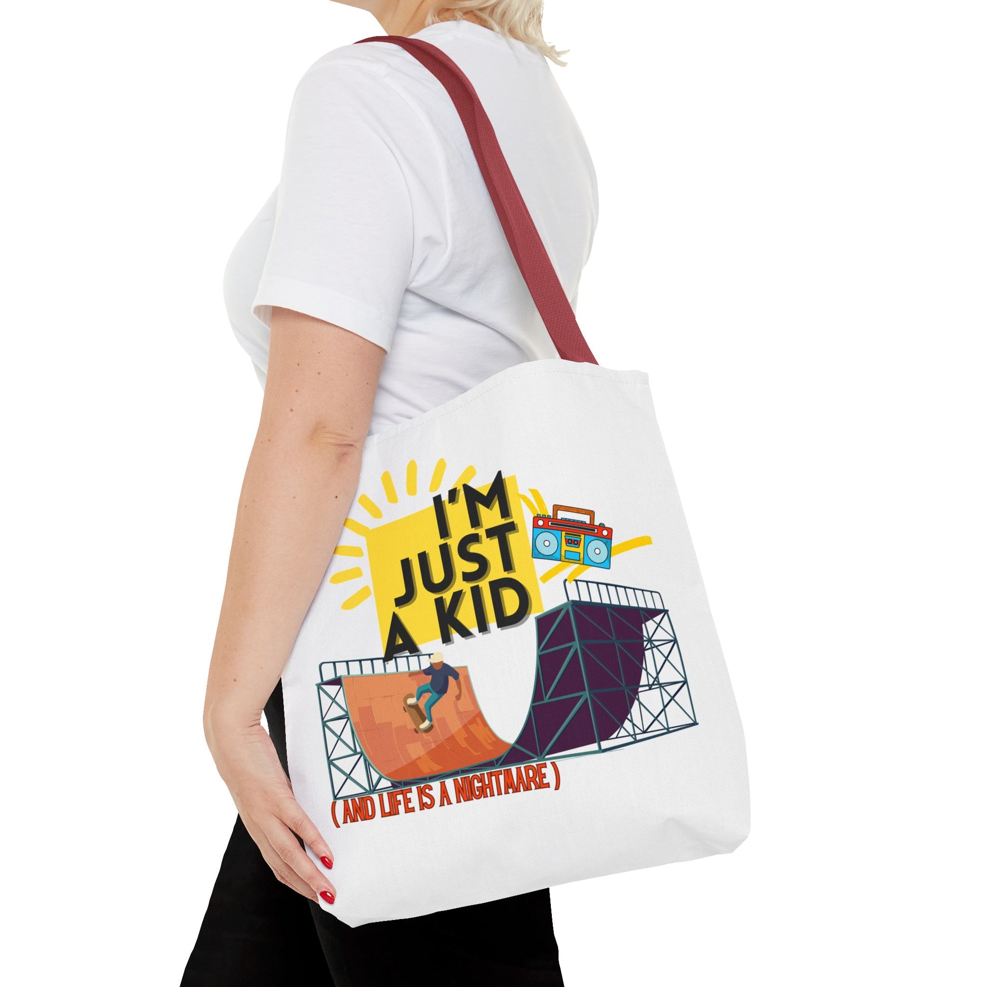 “I’m Just a Kid” Emotional Baggage Tote, Fun Kids Tote, Birthday Gift, School Bag, Everyday Essentials, AOP Design - Mixtape Hearts