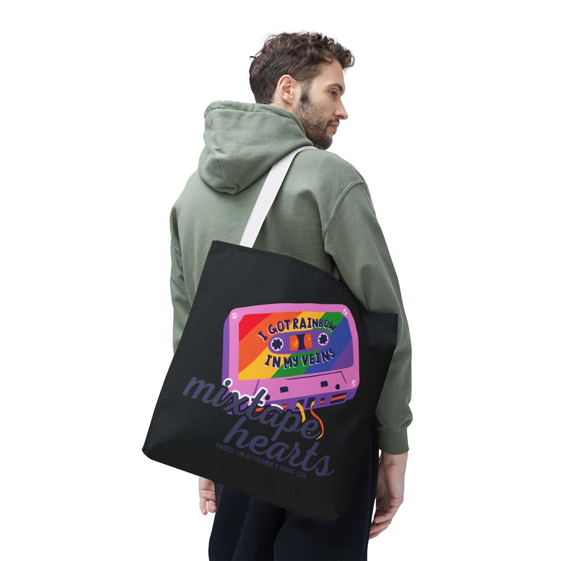Raised on Boybands & Burnt CDs Tote Bag – Nostalgic Music Tote, Cute Tote, Gift for Fangirls, Fan Merchandise, Artsy Bag, AOP Design - Mixtape Hearts