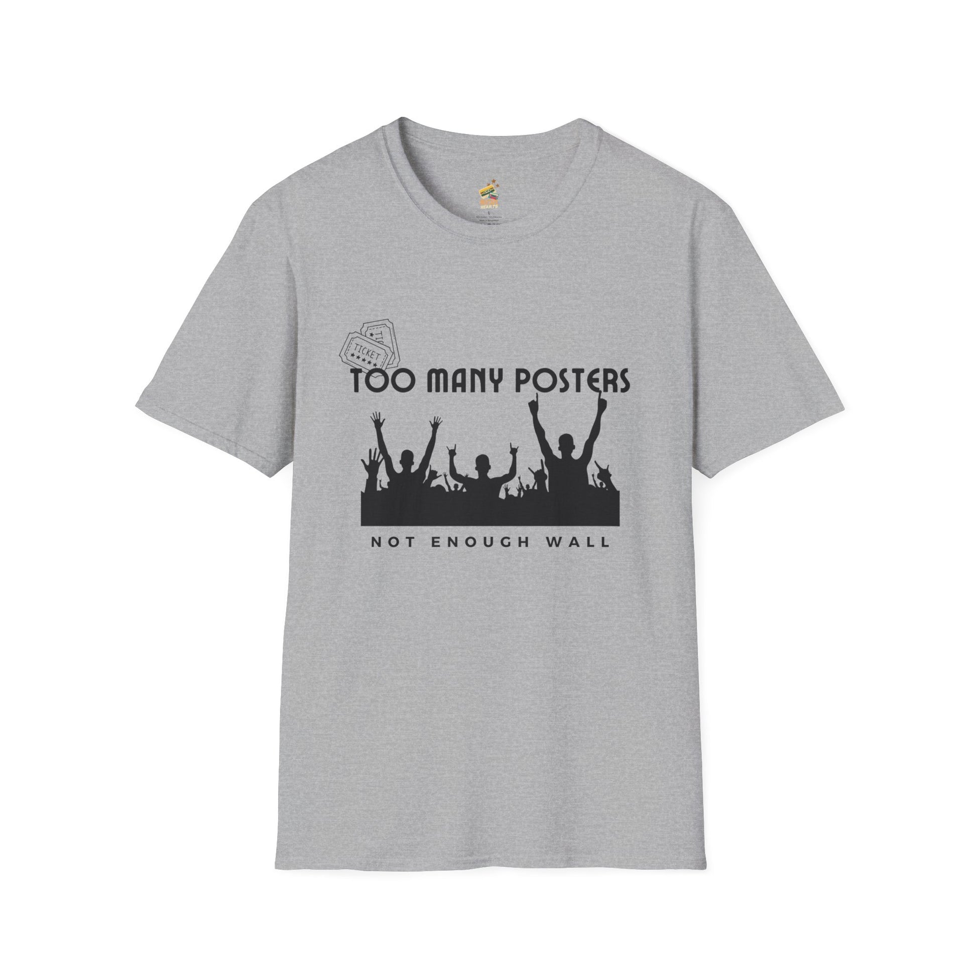 Too Many Posters, Not Enough Wall – 90s Nostalgia Unisex Tee| Gift for Walkman Fans, Vintage Style Tee, Casual Wear, Concert Outfit, Unisex Apparel - Mixtape Hearts