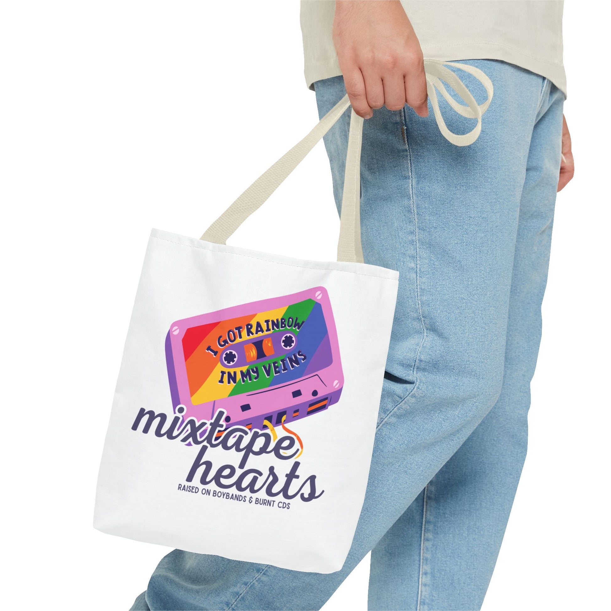 Raised on Boybands & Burnt CDs Tote Bag – Nostalgic Music Tote, Cute Tote, Gift for Fangirls, Fan Merchandise, Artsy Bag, AOP Design - Mixtape Hearts