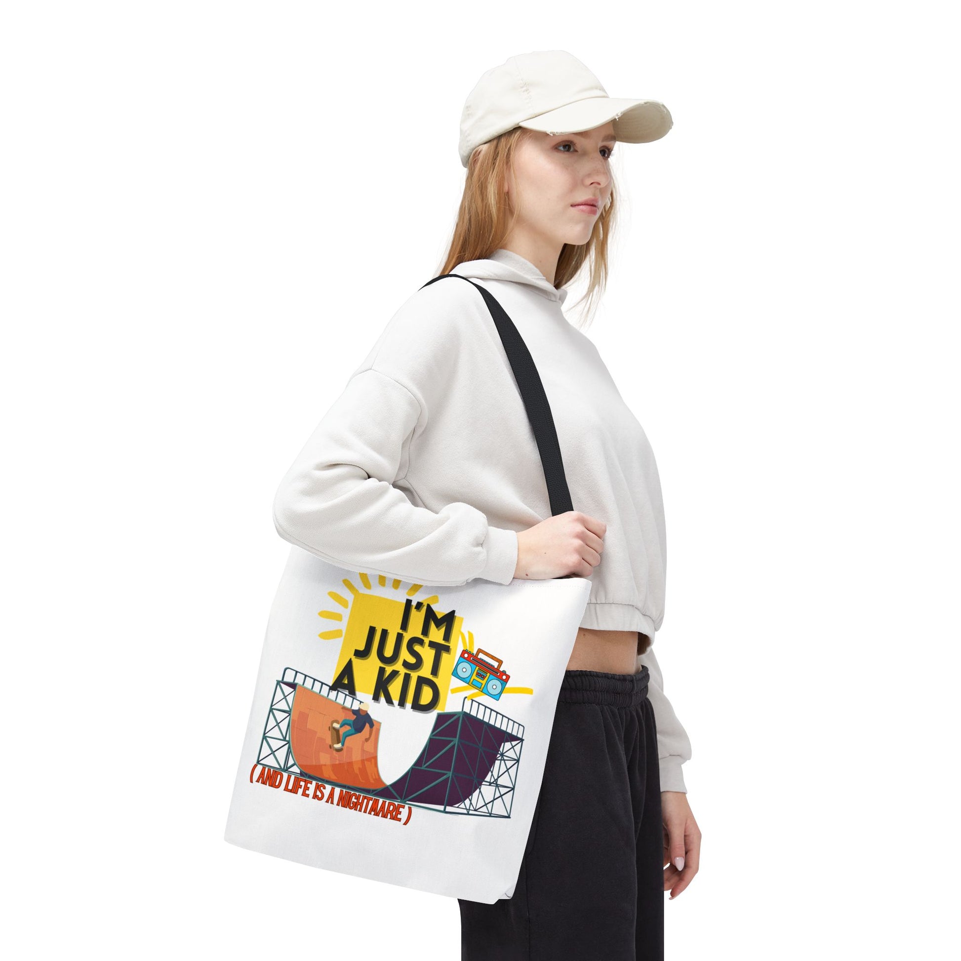“I’m Just a Kid” Emotional Baggage Tote, Fun Kids Tote, Birthday Gift, School Bag, Everyday Essentials, AOP Design - Mixtape Hearts
