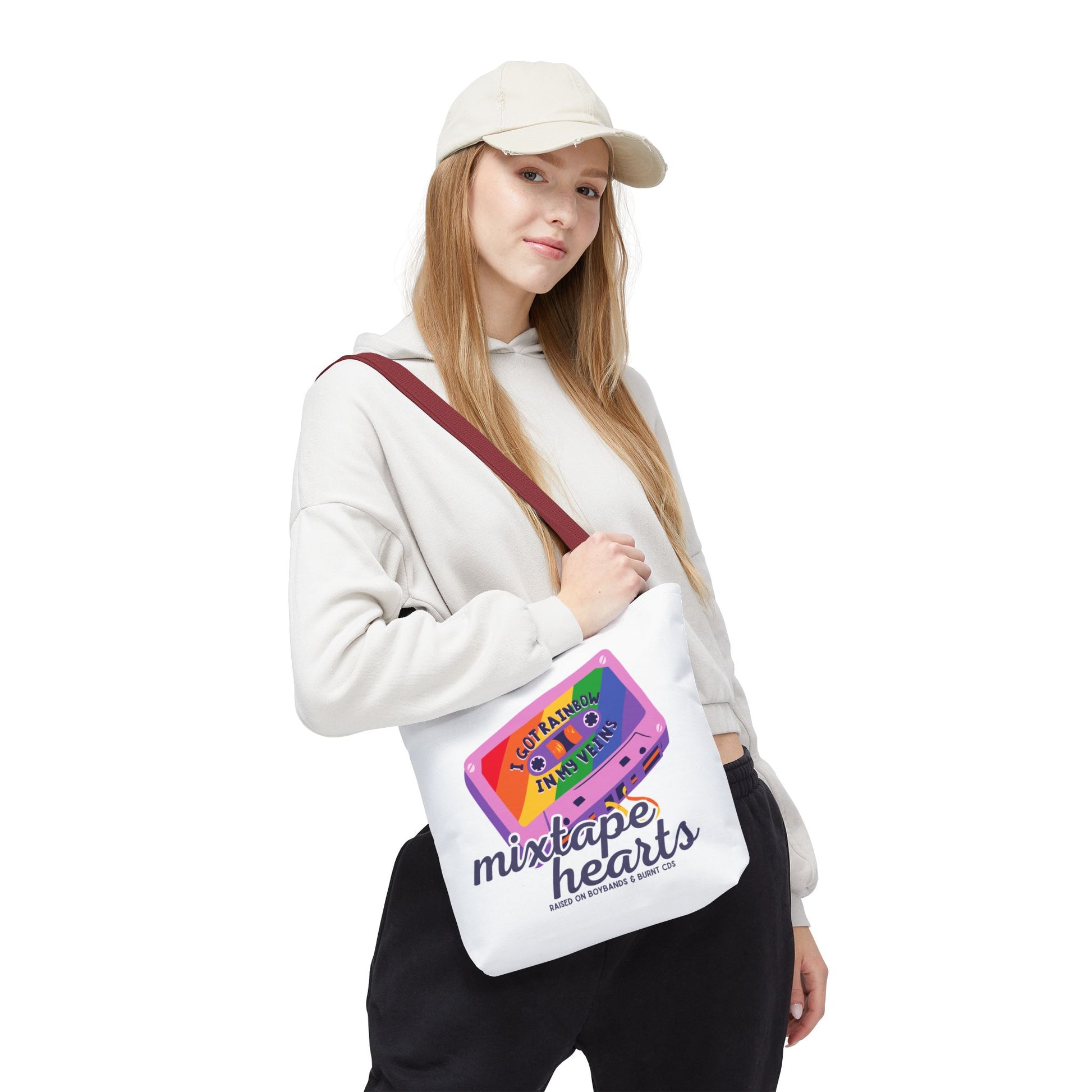 Raised on Boybands & Burnt CDs Tote Bag – Nostalgic Music Tote, Cute Tote, Gift for Fangirls, Fan Merchandise, Artsy Bag, AOP Design - Mixtape Hearts