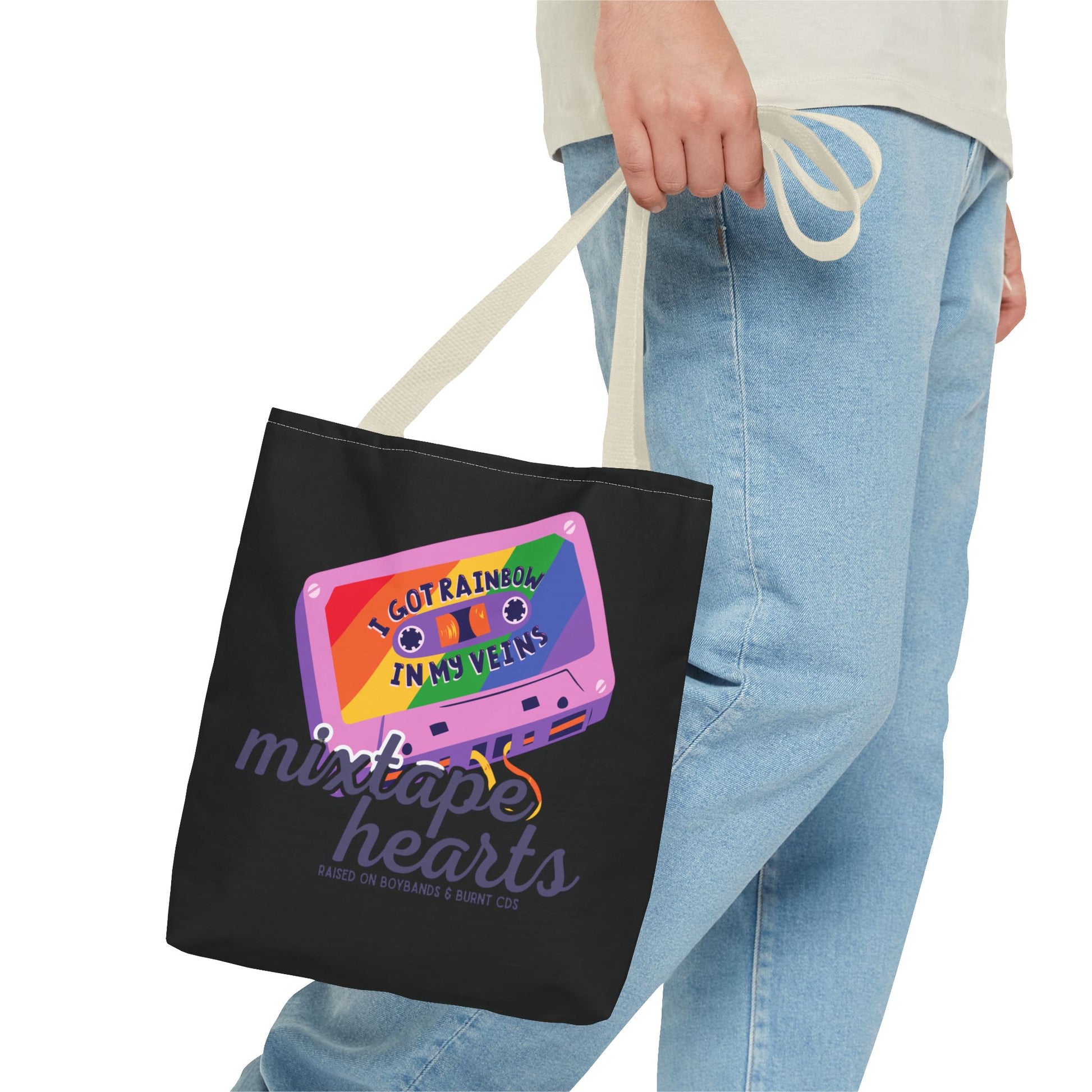 Raised on Boybands & Burnt CDs Tote Bag – Nostalgic Music Tote, Cute Tote, Gift for Fangirls, Fan Merchandise, Artsy Bag, AOP Design - Mixtape Hearts