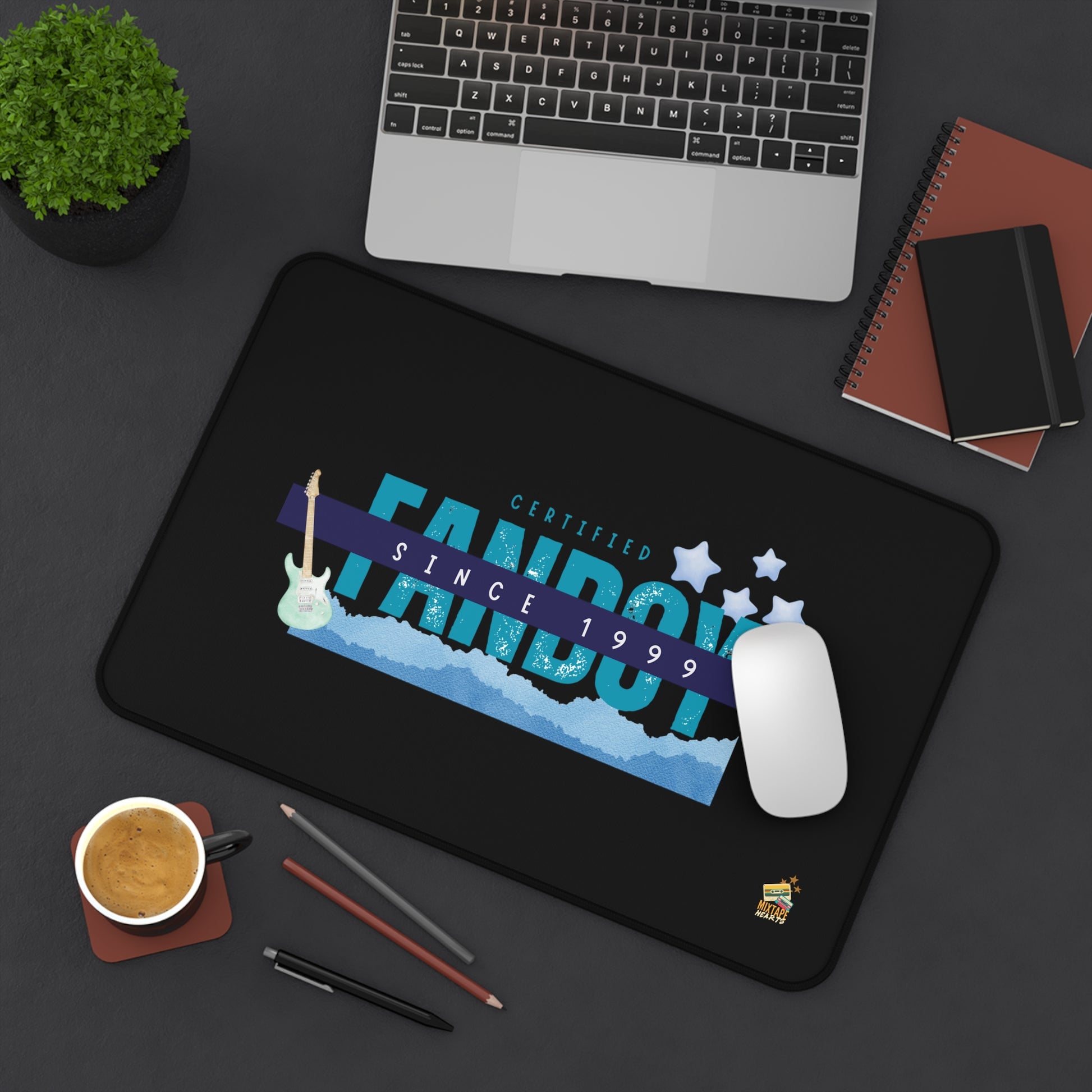 Certified Fanboy Since 1999 – Retro Vibes Desk Mat – Pop Music Desk Mat - Perfect for Home Office, Gamer Setup, School, Gift for Fans, Music Lovers, Birthday - Mixtape Hearts