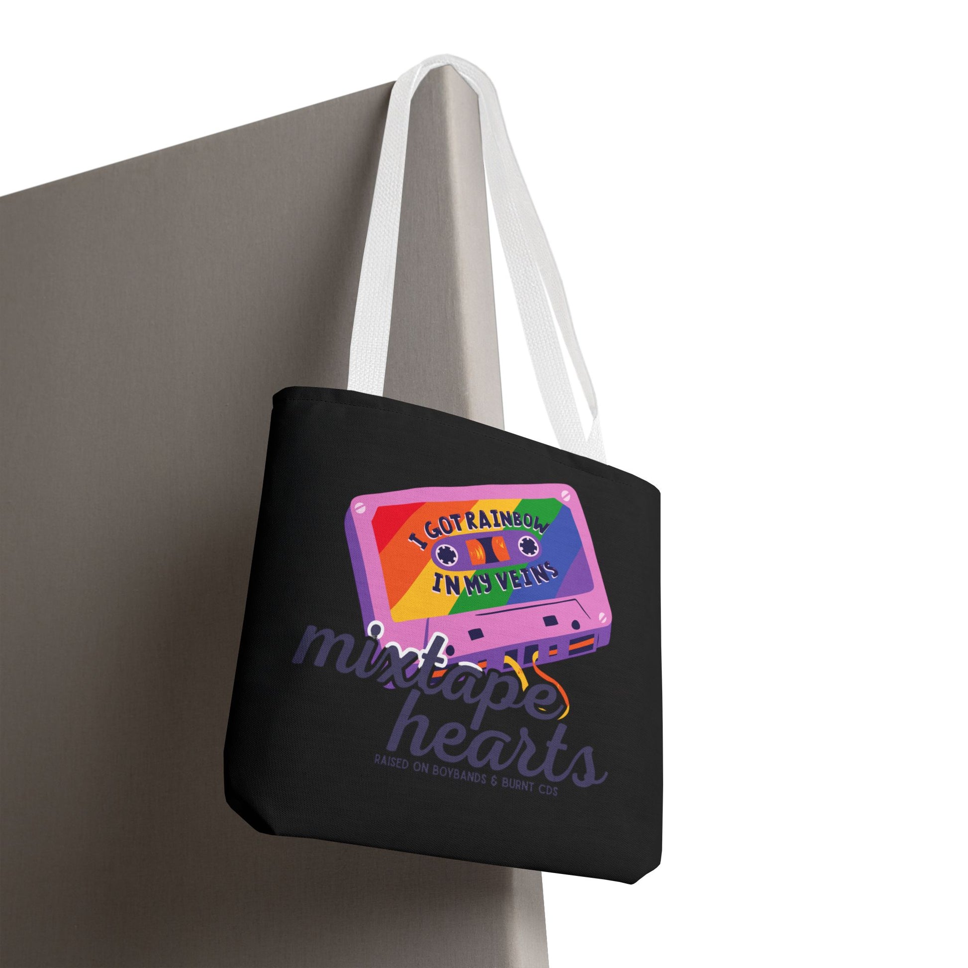 Raised on Boybands & Burnt CDs Tote Bag – Nostalgic Music Tote, Cute Tote, Gift for Fangirls, Fan Merchandise, Artsy Bag, AOP Design - Mixtape Hearts