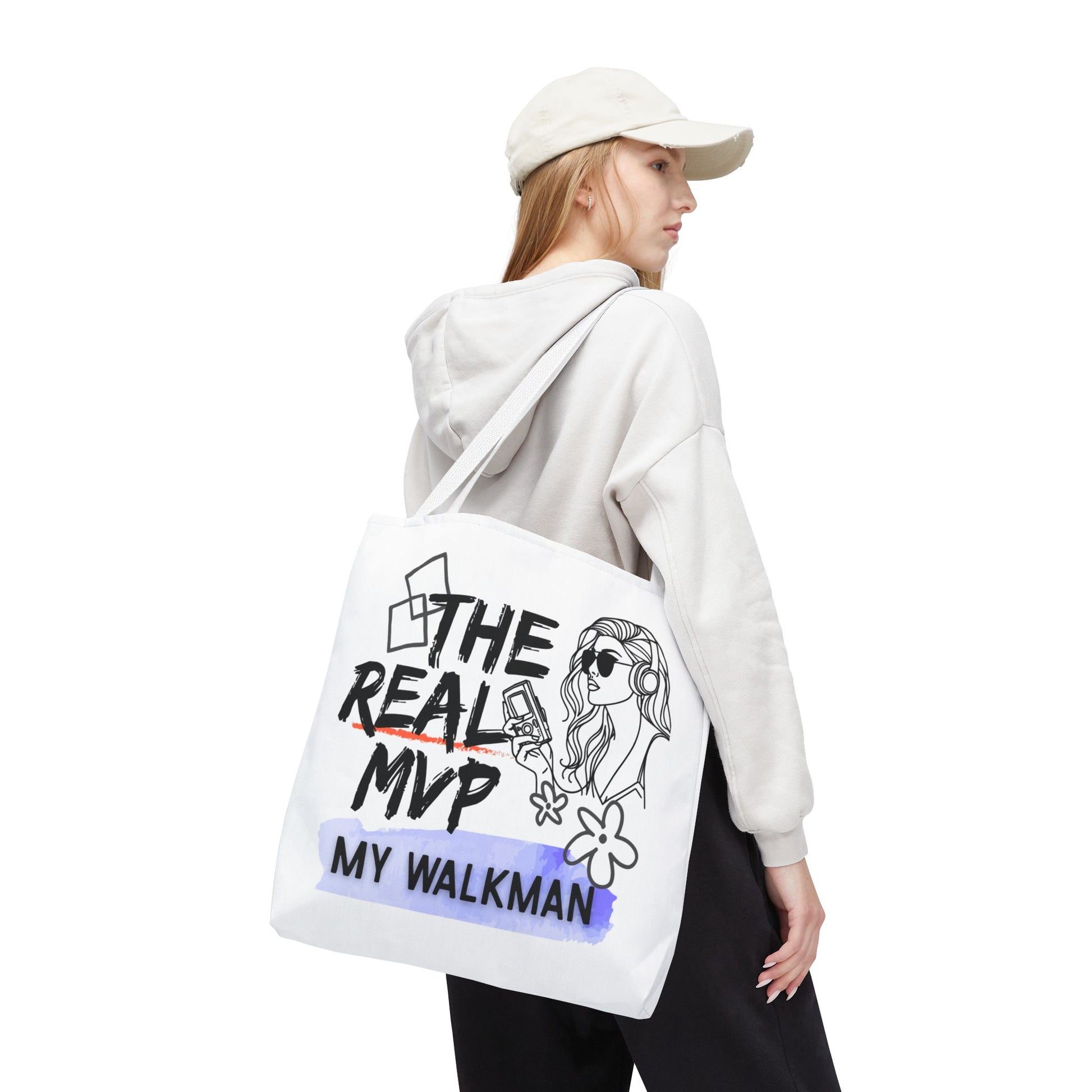 The Real MVP: My Walkman – Cassette Era Tote Bag - AOP, Fun and Stylish, Perfect for Music Lovers, Gift for Friends, Everyday Use, Beach Bag, Eco-Friendly - Mixtape Hearts