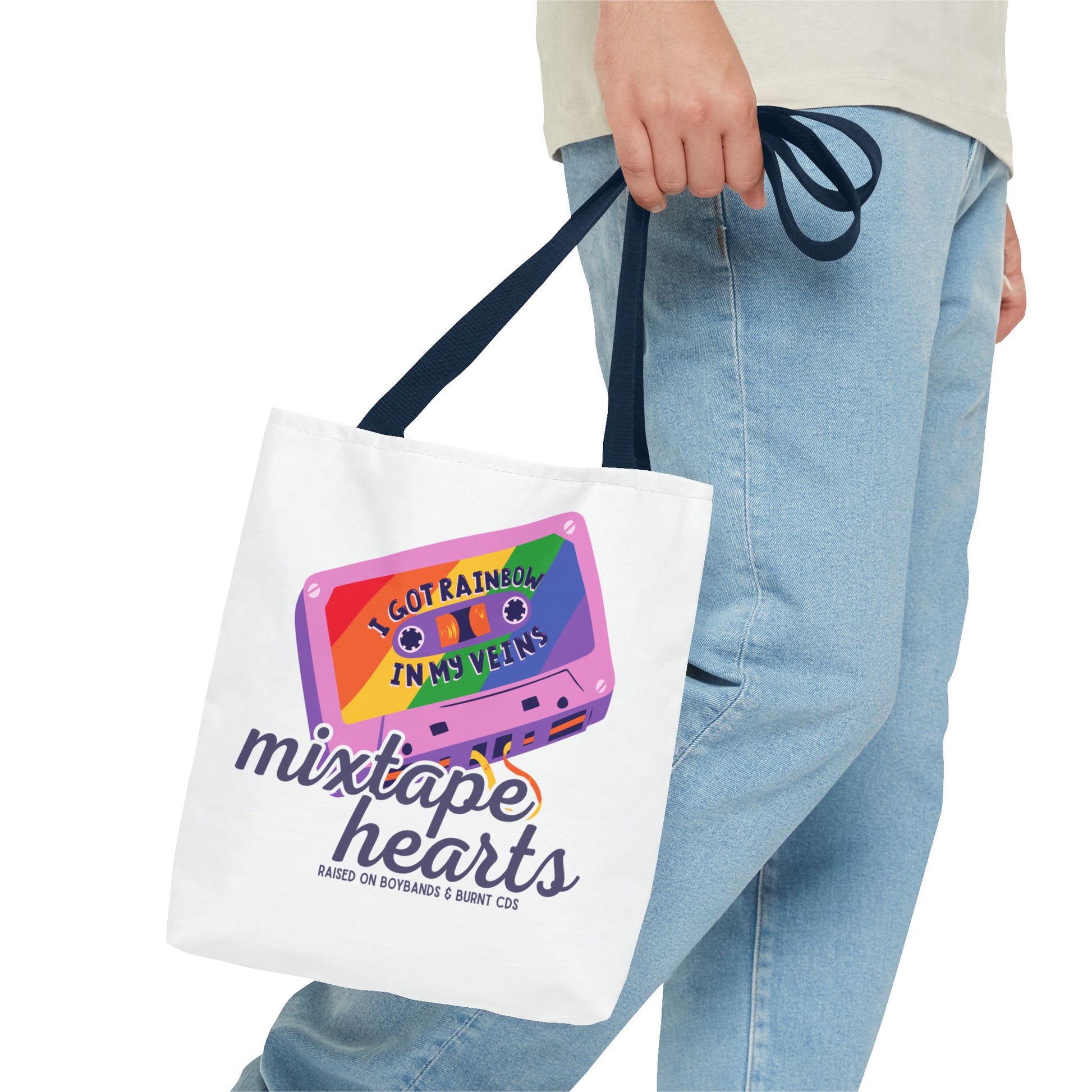 Raised on Boybands & Burnt CDs Tote Bag – Nostalgic Music Tote, Cute Tote, Gift for Fangirls, Fan Merchandise, Artsy Bag, AOP Design - Mixtape Hearts