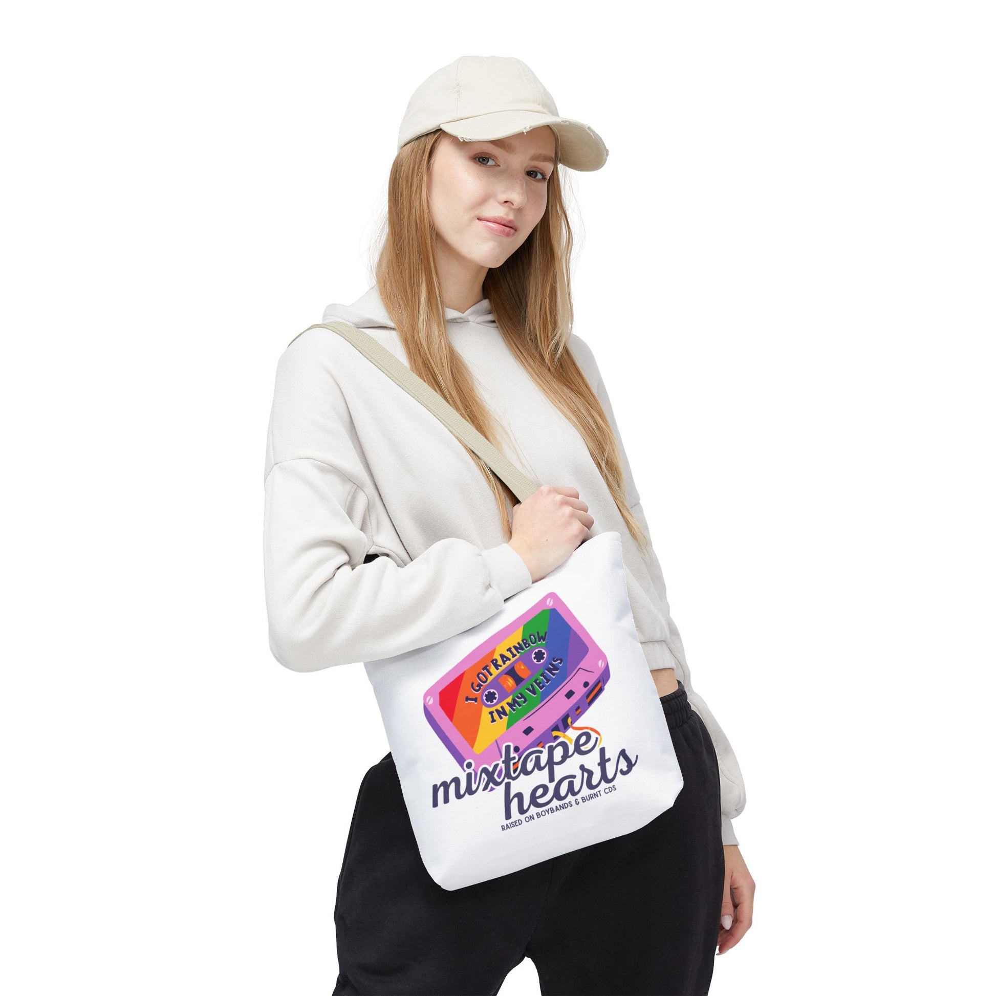 Raised on Boybands & Burnt CDs Tote Bag – Nostalgic Music Tote, Cute Tote, Gift for Fangirls, Fan Merchandise, Artsy Bag, AOP Design - Mixtape Hearts