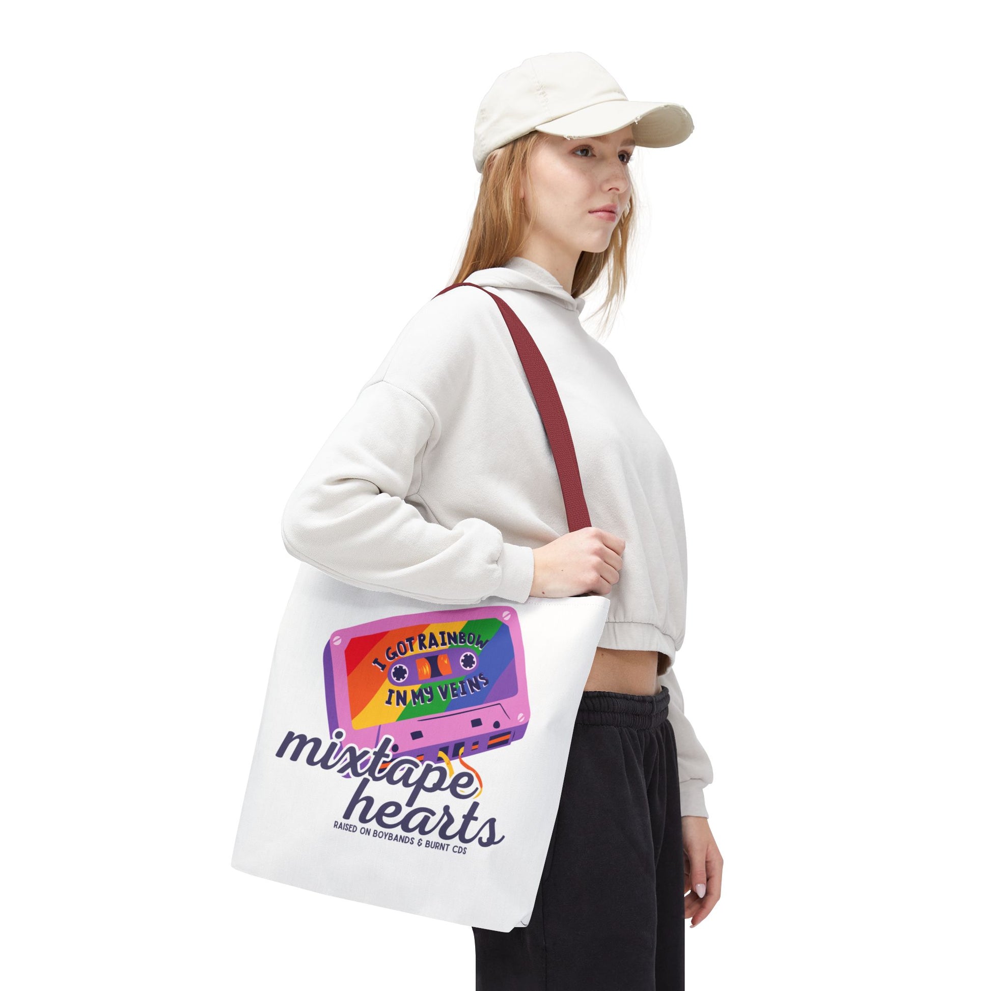 Raised on Boybands & Burnt CDs Tote Bag – Nostalgic Music Tote, Cute Tote, Gift for Fangirls, Fan Merchandise, Artsy Bag, AOP Design - Mixtape Hearts