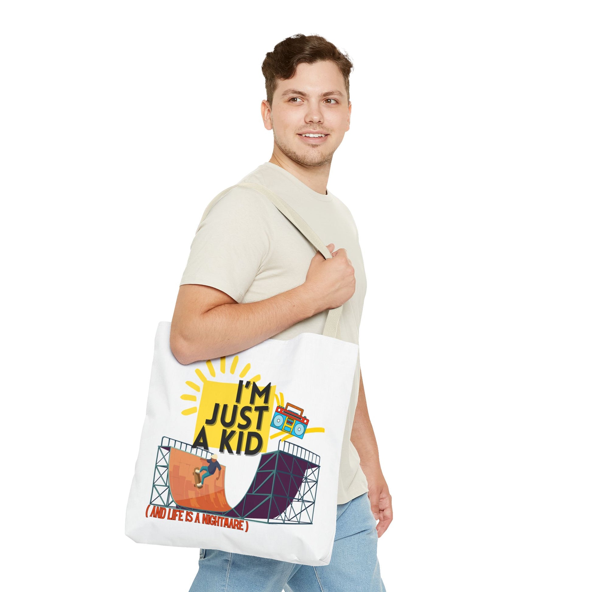 “I’m Just a Kid” Emotional Baggage Tote, Fun Kids Tote, Birthday Gift, School Bag, Everyday Essentials, AOP Design - Mixtape Hearts