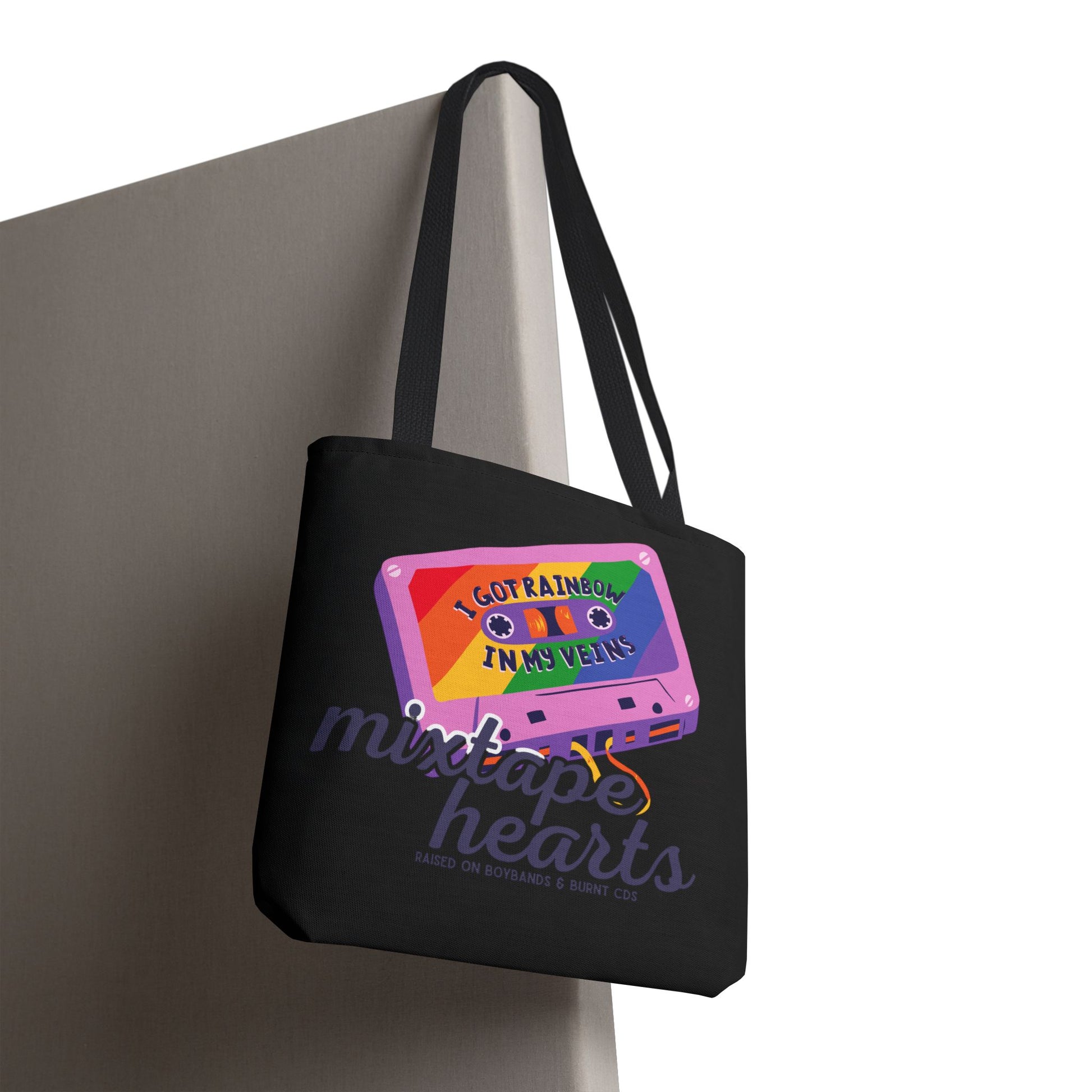 Raised on Boybands & Burnt CDs Tote Bag – Nostalgic Music Tote, Cute Tote, Gift for Fangirls, Fan Merchandise, Artsy Bag, AOP Design - Mixtape Hearts