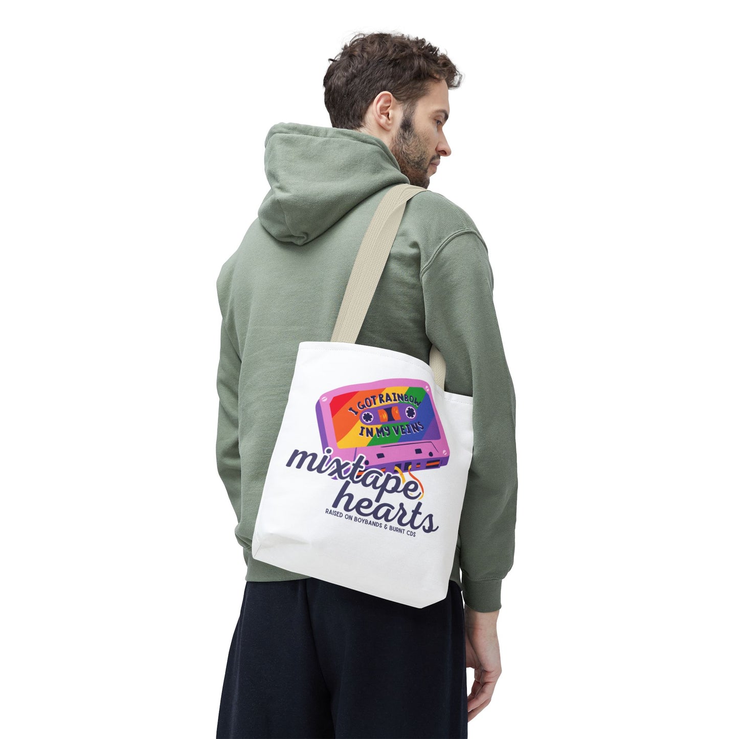 Raised on Boybands & Burnt CDs Tote Bag – Nostalgic Music Tote, Cute Tote, Gift for Fangirls, Fan Merchandise, Artsy Bag, AOP Design - Mixtape Hearts
