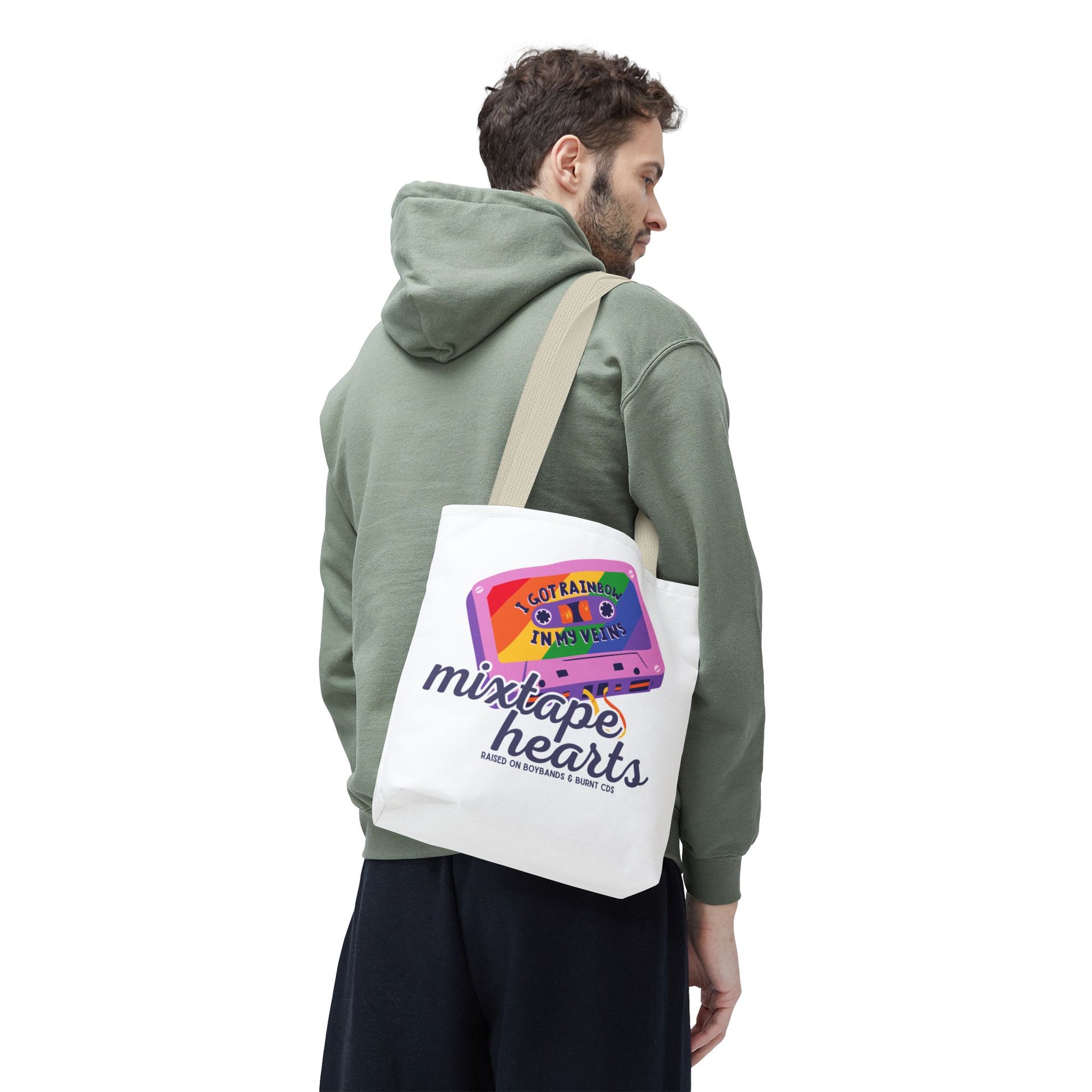 Raised on Boybands & Burnt CDs Tote Bag – Nostalgic Music Tote, Cute Tote, Gift for Fangirls, Fan Merchandise, Artsy Bag, AOP Design - Mixtape Hearts