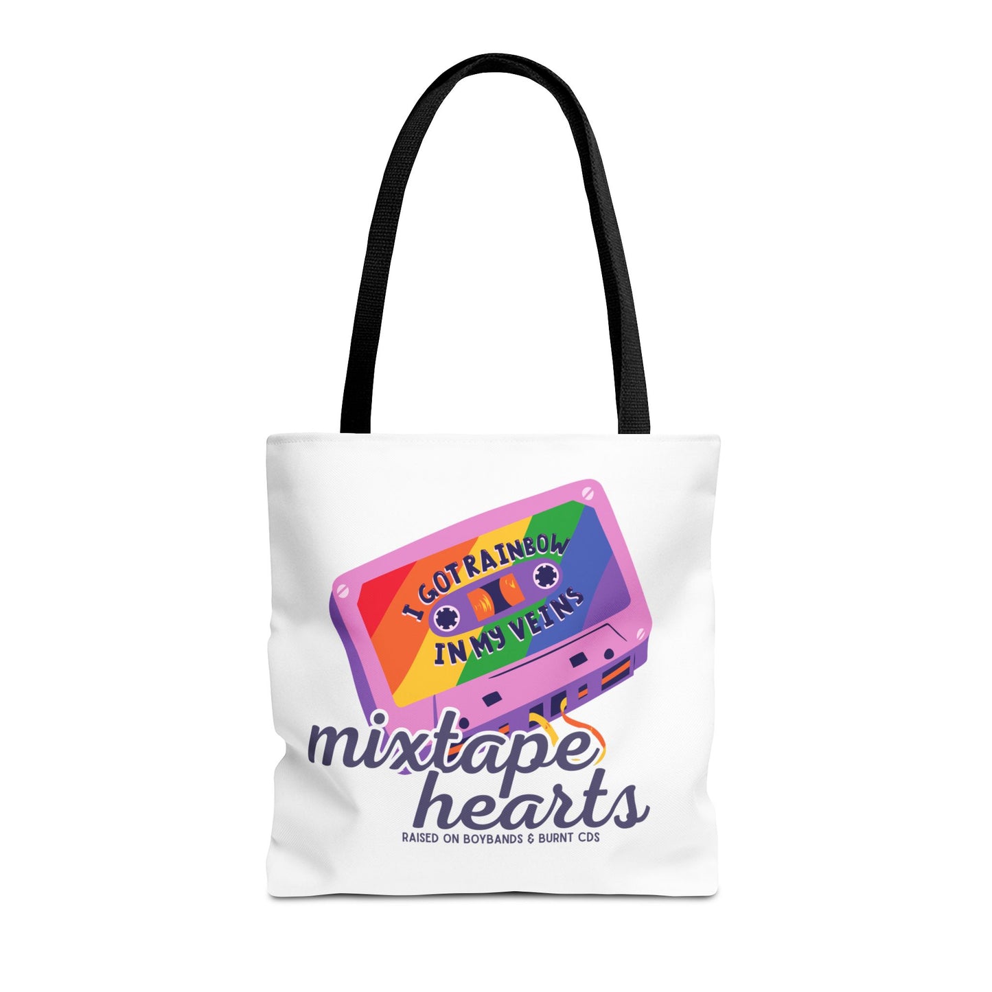 Raised on Boybands & Burnt CDs Tote Bag – Nostalgic Music Tote, Cute Tote, Gift for Fangirls, Fan Merchandise, Artsy Bag, AOP Design - Mixtape Hearts