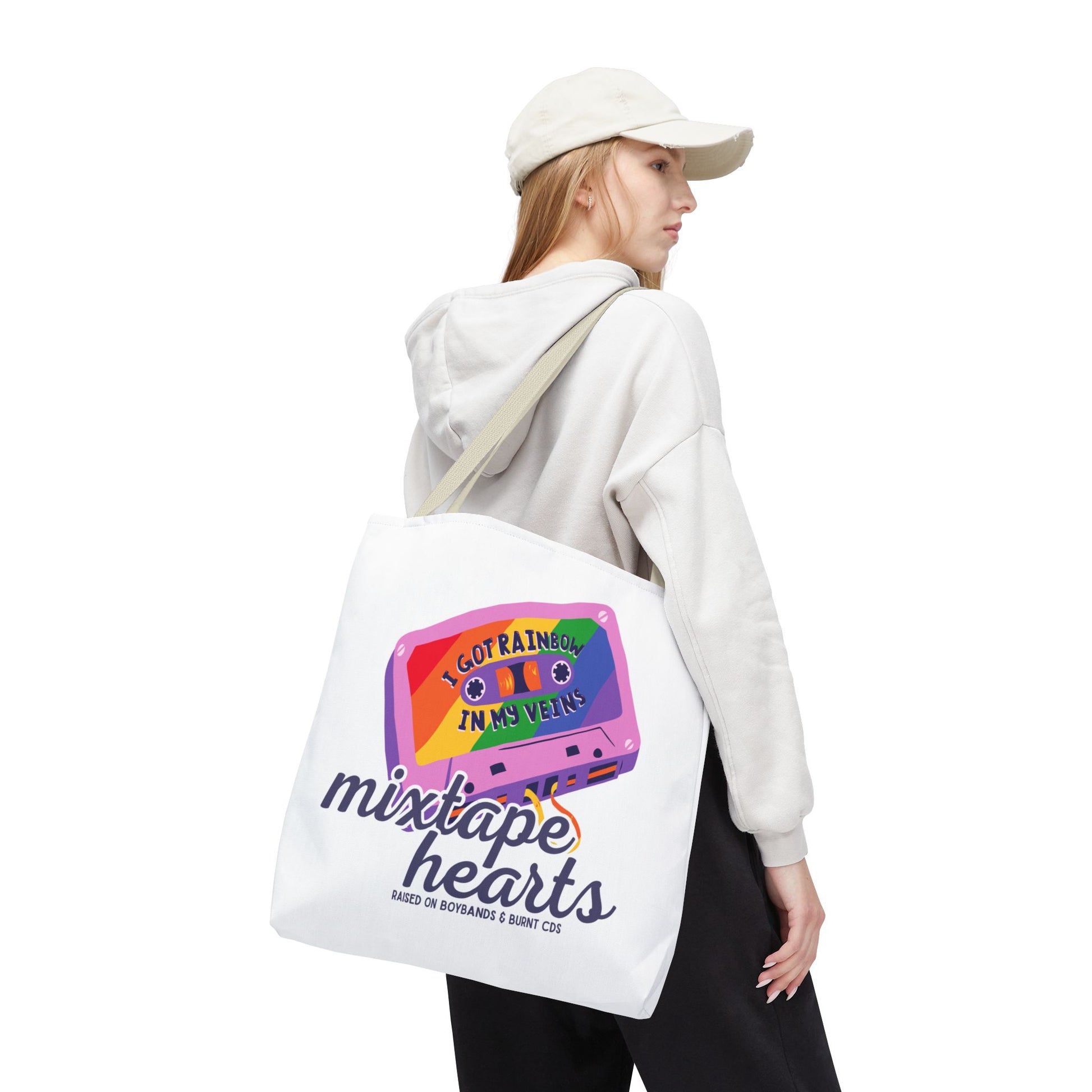 Raised on Boybands & Burnt CDs Tote Bag – Nostalgic Music Tote, Cute Tote, Gift for Fangirls, Fan Merchandise, Artsy Bag, AOP Design - Mixtape Hearts