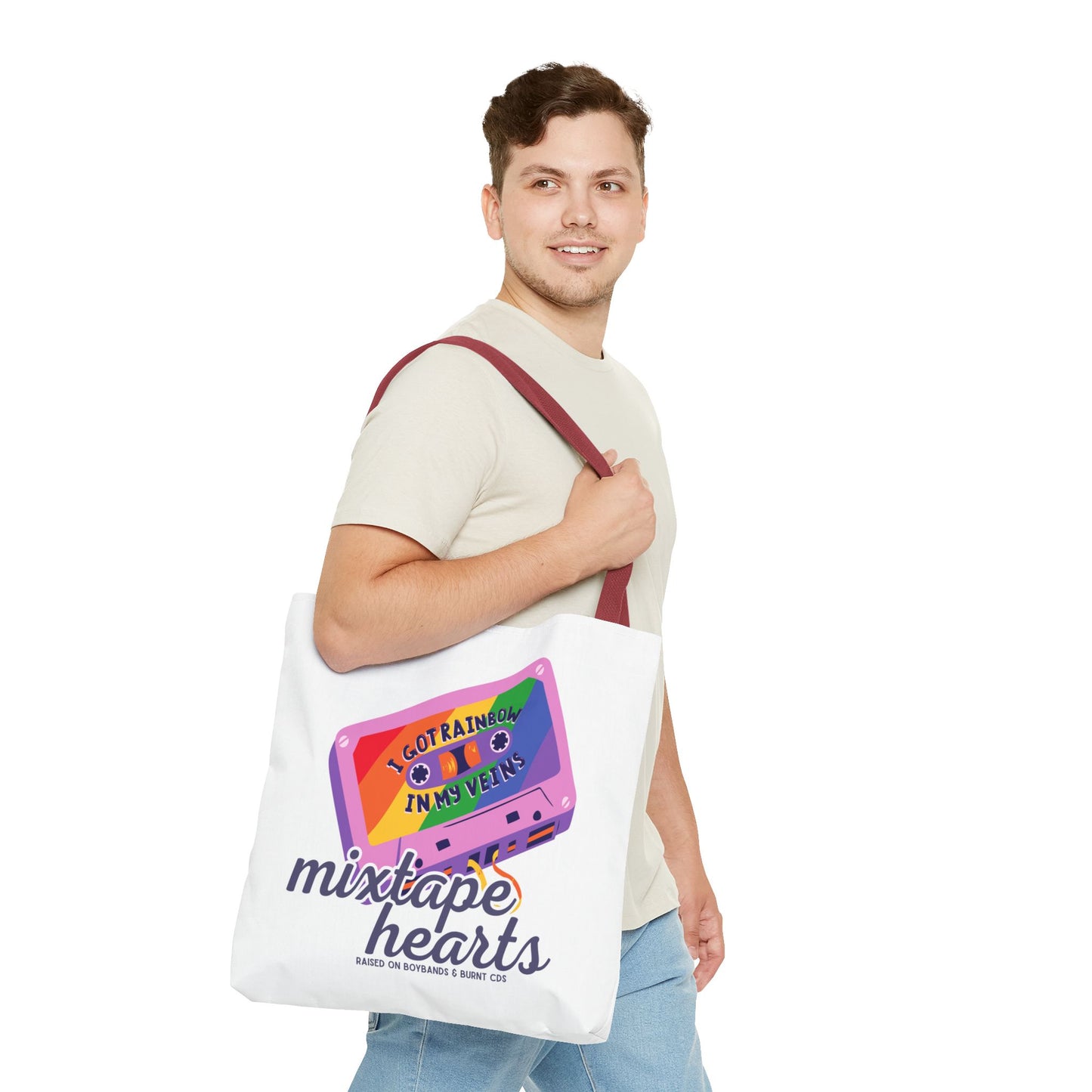 Raised on Boybands & Burnt CDs Tote Bag – Nostalgic Music Tote, Cute Tote, Gift for Fangirls, Fan Merchandise, Artsy Bag, AOP Design - Mixtape Hearts