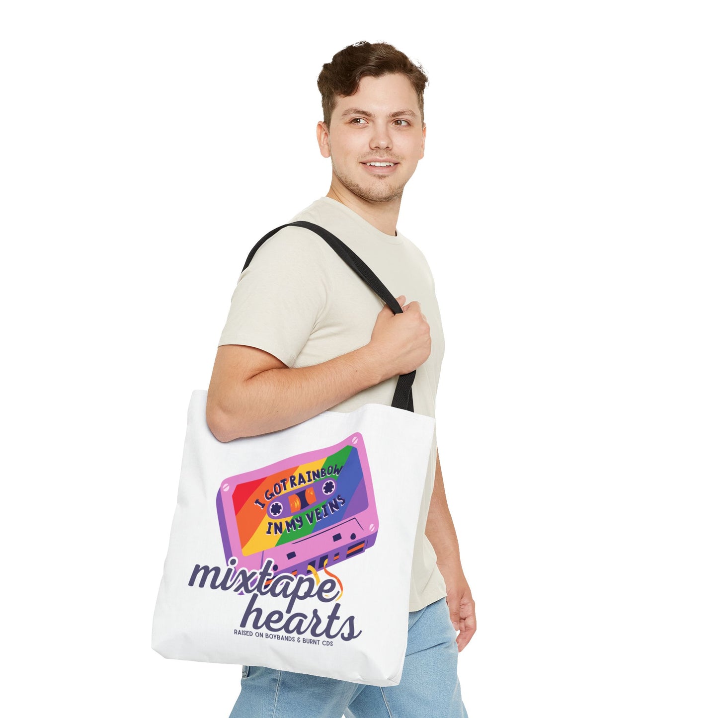 Raised on Boybands & Burnt CDs Tote Bag – Nostalgic Music Tote, Cute Tote, Gift for Fangirls, Fan Merchandise, Artsy Bag, AOP Design - Mixtape Hearts
