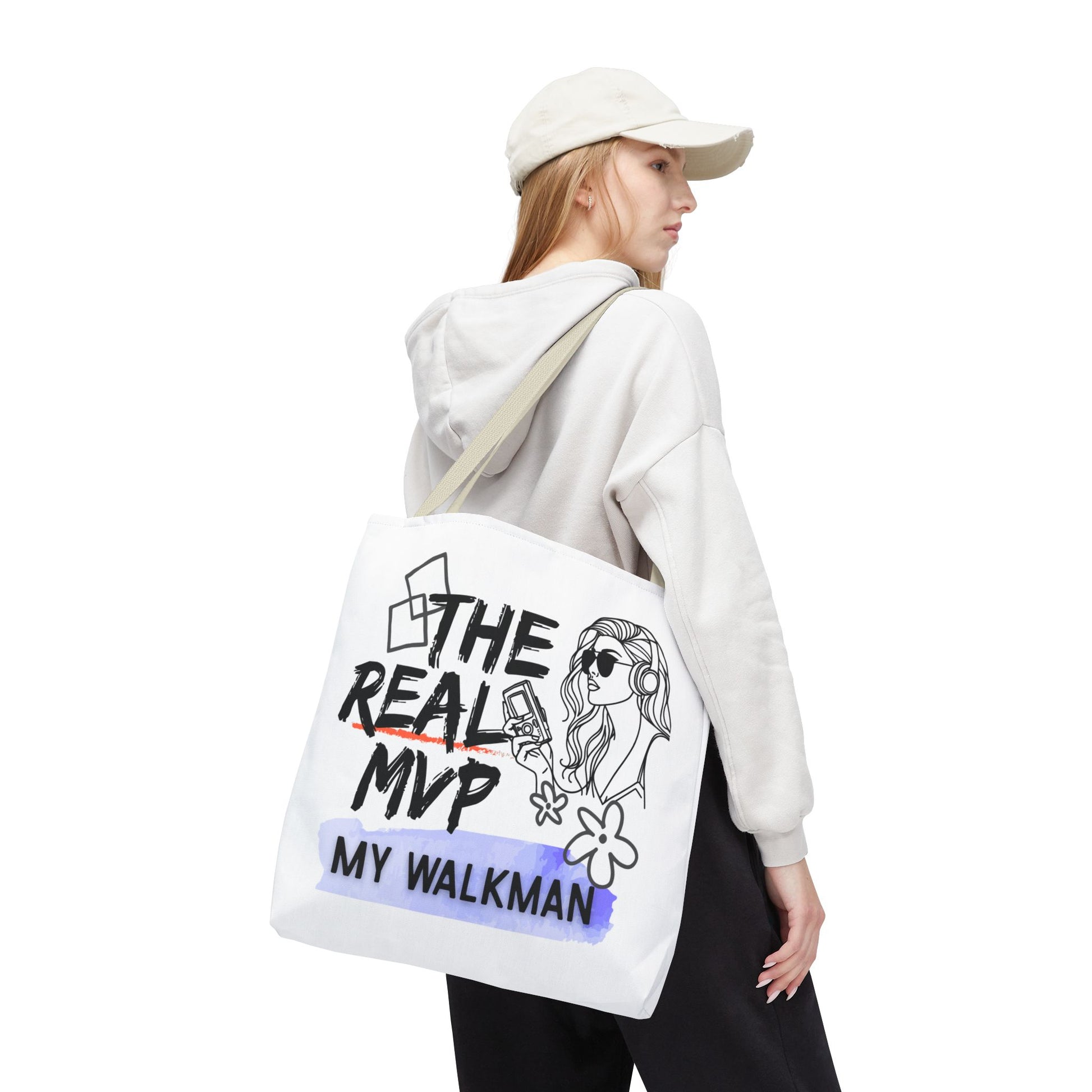 The Real MVP: My Walkman – Cassette Era Tote Bag - AOP, Fun and Stylish, Perfect for Music Lovers, Gift for Friends, Everyday Use, Beach Bag, Eco-Friendly - Mixtape Hearts