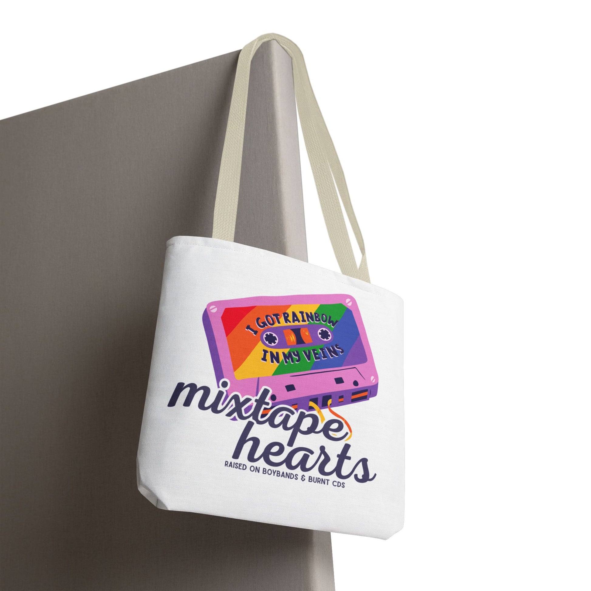 Raised on Boybands & Burnt CDs Tote Bag – Nostalgic Music Tote, Cute Tote, Gift for Fangirls, Fan Merchandise, Artsy Bag, AOP Design - Mixtape Hearts