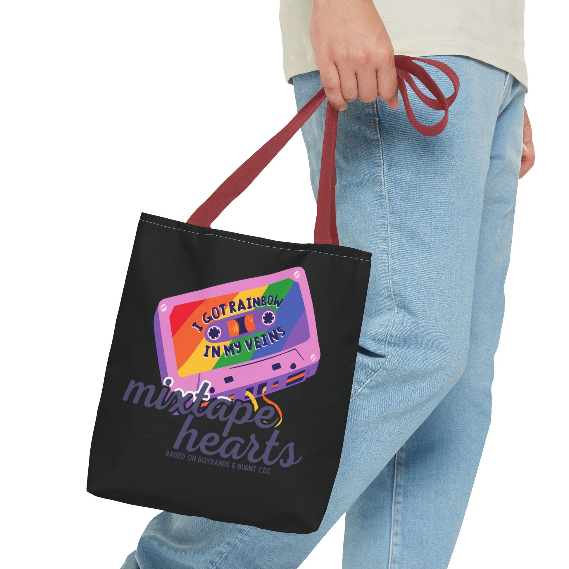 Raised on Boybands & Burnt CDs Tote Bag – Nostalgic Music Tote, Cute Tote, Gift for Fangirls, Fan Merchandise, Artsy Bag, AOP Design - Mixtape Hearts