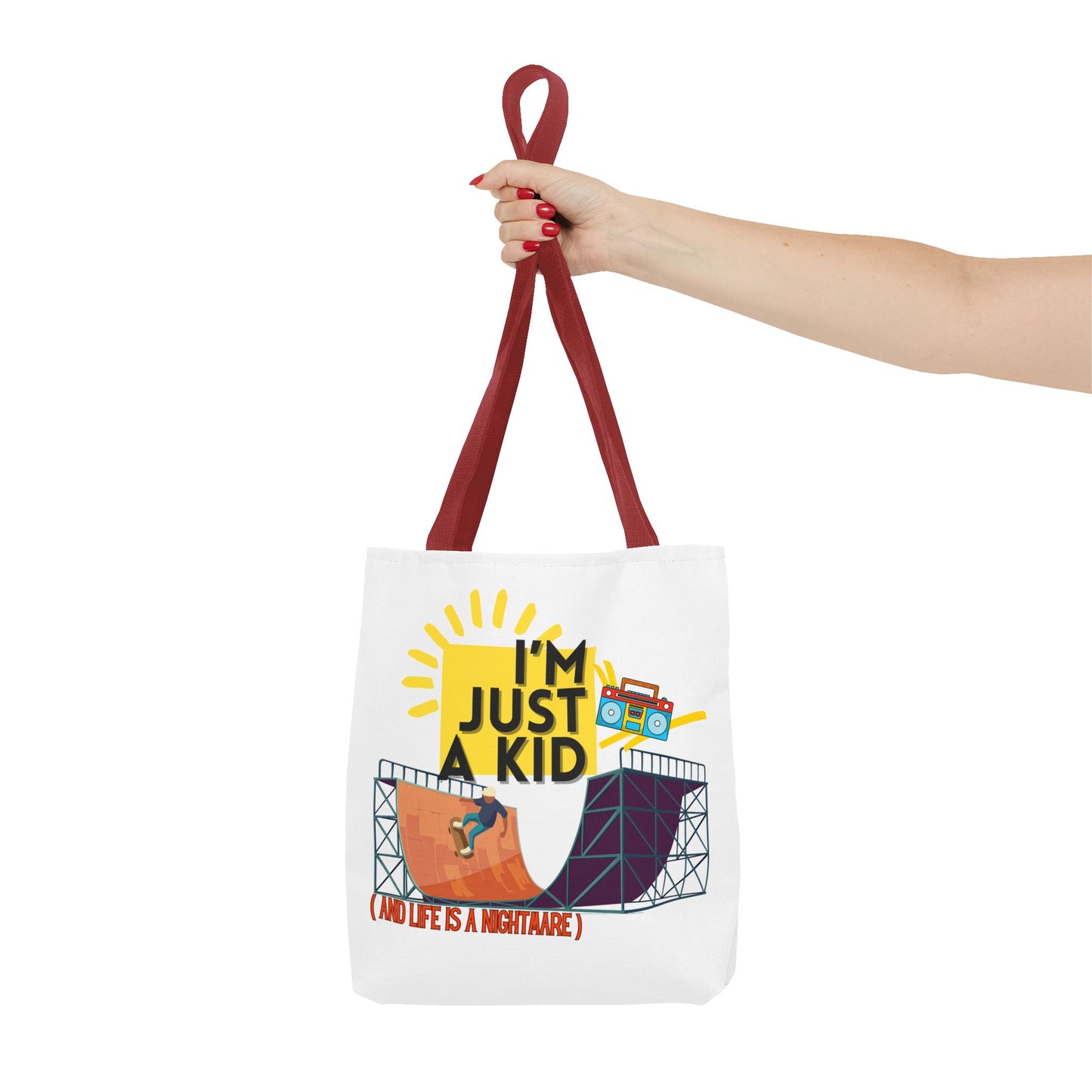 “I’m Just a Kid” Emotional Baggage Tote, Fun Kids Tote, Birthday Gift, School Bag, Everyday Essentials, AOP Design - Mixtape Hearts