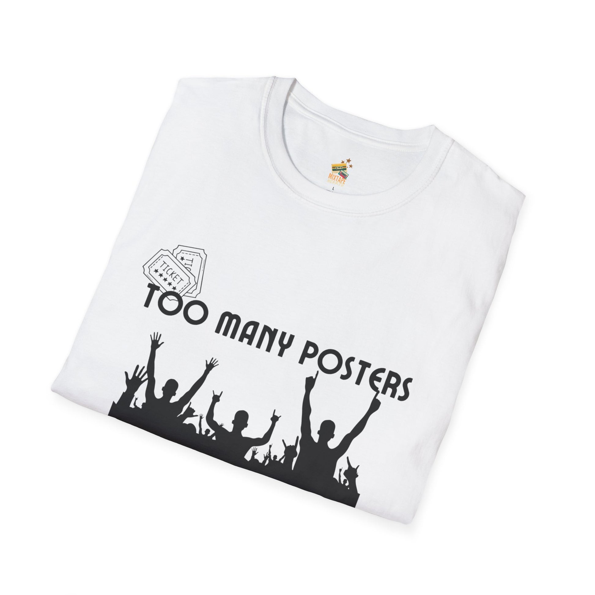 Too Many Posters, Not Enough Wall – 90s Nostalgia Unisex Tee| Gift for Walkman Fans, Vintage Style Tee, Casual Wear, Concert Outfit, Unisex Apparel - Mixtape Hearts
