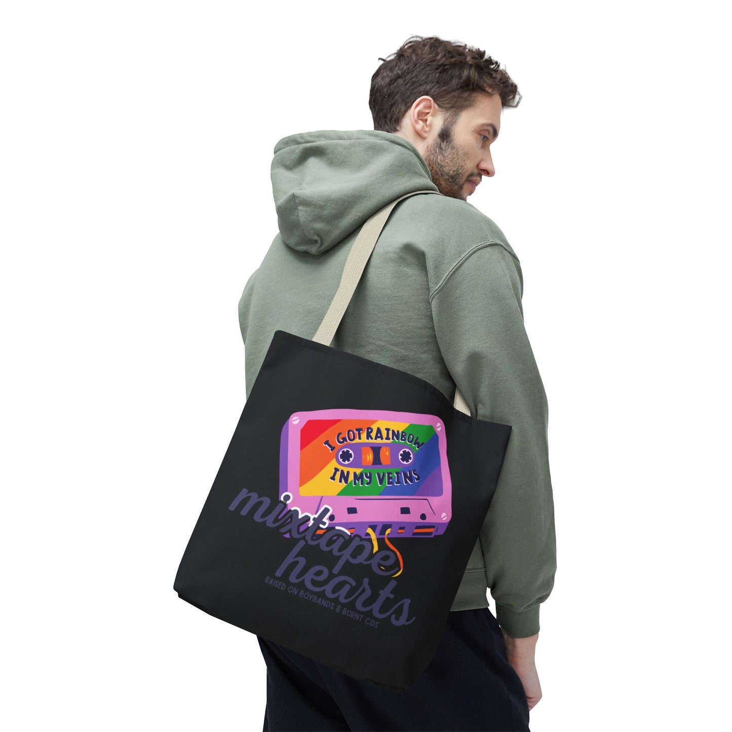 Raised on Boybands & Burnt CDs Tote Bag – Nostalgic Music Tote, Cute Tote, Gift for Fangirls, Fan Merchandise, Artsy Bag, AOP Design - Mixtape Hearts