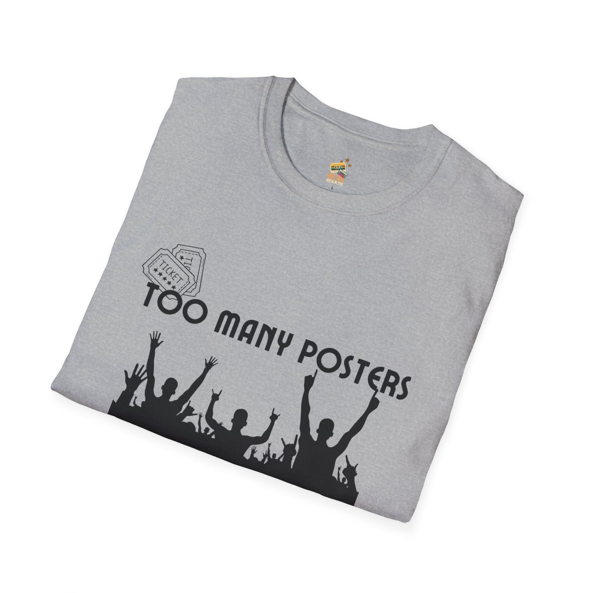 Too Many Posters, Not Enough Wall – 90s Nostalgia Unisex Tee| Gift for Walkman Fans, Vintage Style Tee, Casual Wear, Concert Outfit, Unisex Apparel - Mixtape Hearts