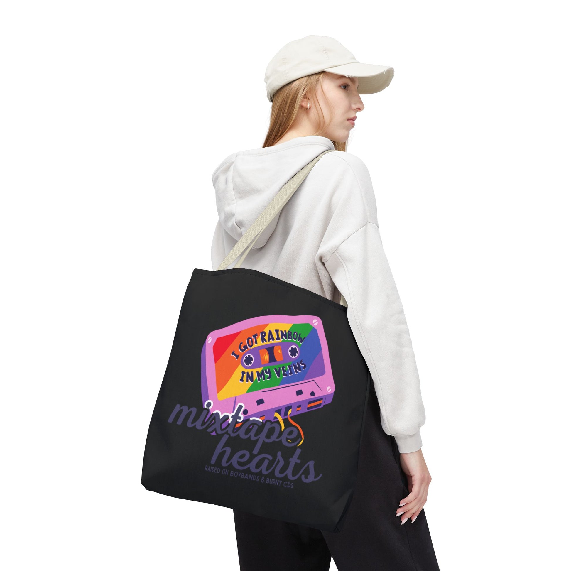Raised on Boybands & Burnt CDs Tote Bag – Nostalgic Music Tote, Cute Tote, Gift for Fangirls, Fan Merchandise, Artsy Bag, AOP Design - Mixtape Hearts