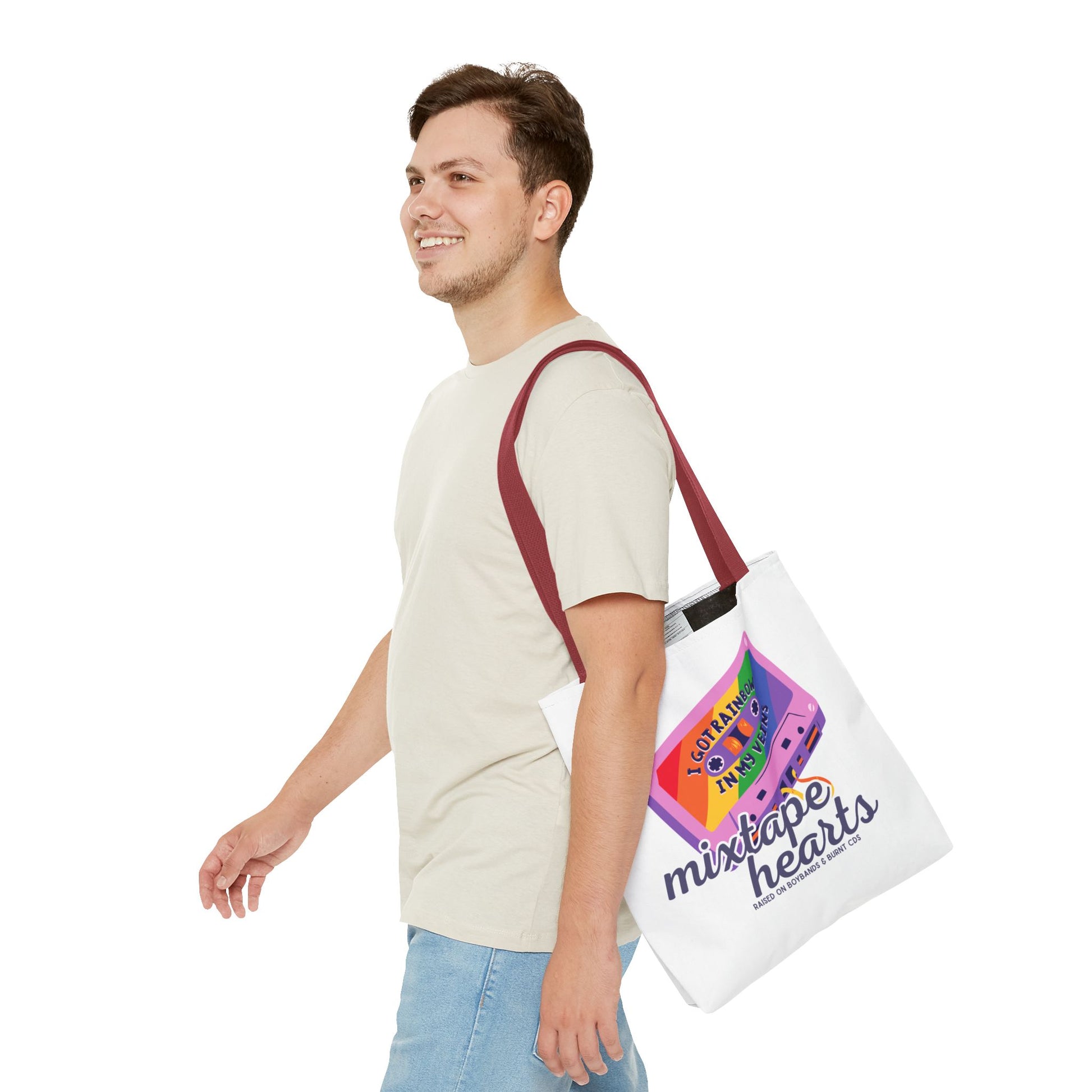Raised on Boybands & Burnt CDs Tote Bag – Nostalgic Music Tote, Cute Tote, Gift for Fangirls, Fan Merchandise, Artsy Bag, AOP Design - Mixtape Hearts
