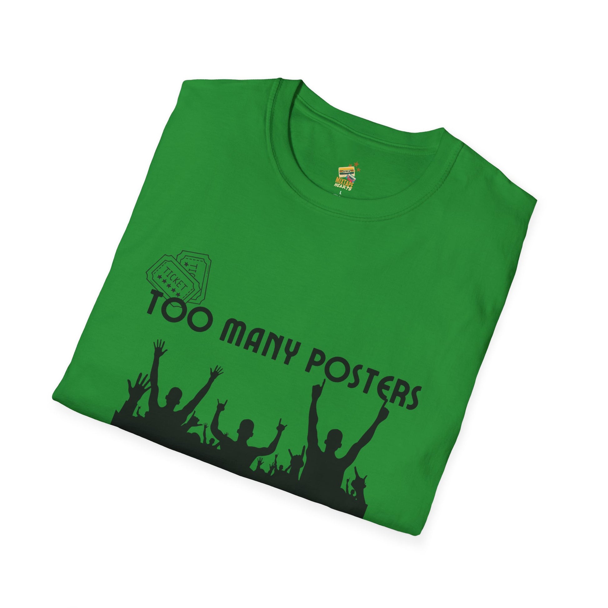 Too Many Posters, Not Enough Wall – 90s Nostalgia Unisex Tee| Gift for Walkman Fans, Vintage Style Tee, Casual Wear, Concert Outfit, Unisex Apparel - Mixtape Hearts