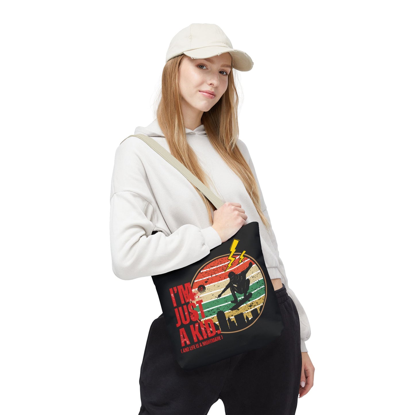 I’m Just a Kid Tote Bag – 2000s Pop Punk Aesthetic Canvas Bag for Emo Fans | Fun and Stylish Carryall | Great for School, Beach, Gifts, Everyday Use, AOP Design - Mixtape Hearts