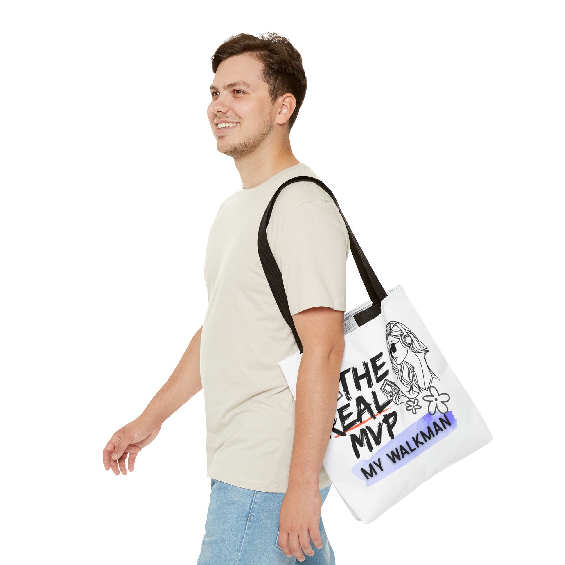 The Real MVP: My Walkman – Cassette Era Tote Bag - AOP, Fun and Stylish, Perfect for Music Lovers, Gift for Friends, Everyday Use, Beach Bag, Eco-Friendly - Mixtape Hearts