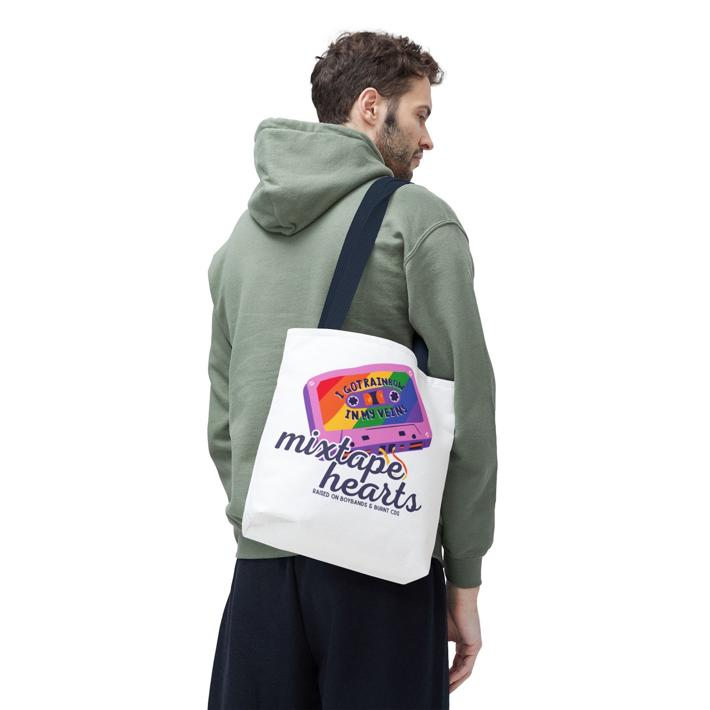 Raised on Boybands & Burnt CDs Tote Bag – Nostalgic Music Tote, Cute Tote, Gift for Fangirls, Fan Merchandise, Artsy Bag, AOP Design - Mixtape Hearts