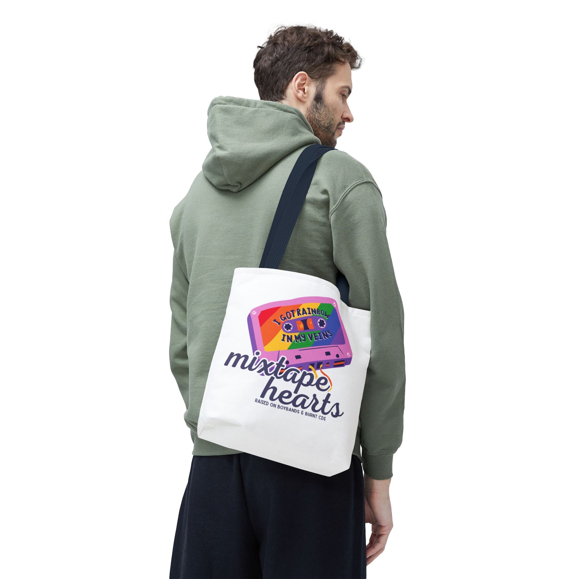 Raised on Boybands & Burnt CDs Tote Bag – Nostalgic Music Tote, Cute Tote, Gift for Fangirls, Fan Merchandise, Artsy Bag, AOP Design - Mixtape Hearts