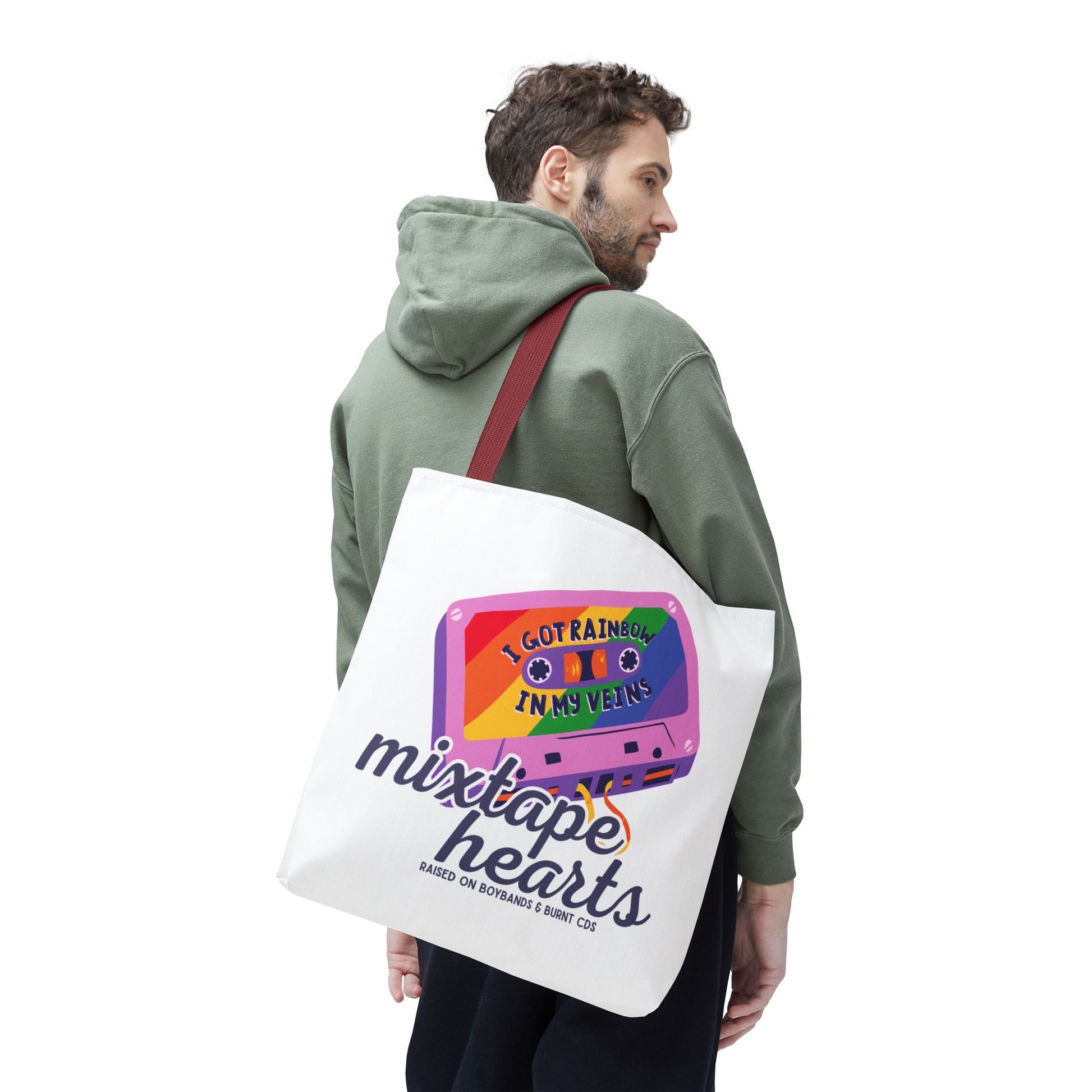 Raised on Boybands & Burnt CDs Tote Bag – Nostalgic Music Tote, Cute Tote, Gift for Fangirls, Fan Merchandise, Artsy Bag, AOP Design - Mixtape Hearts