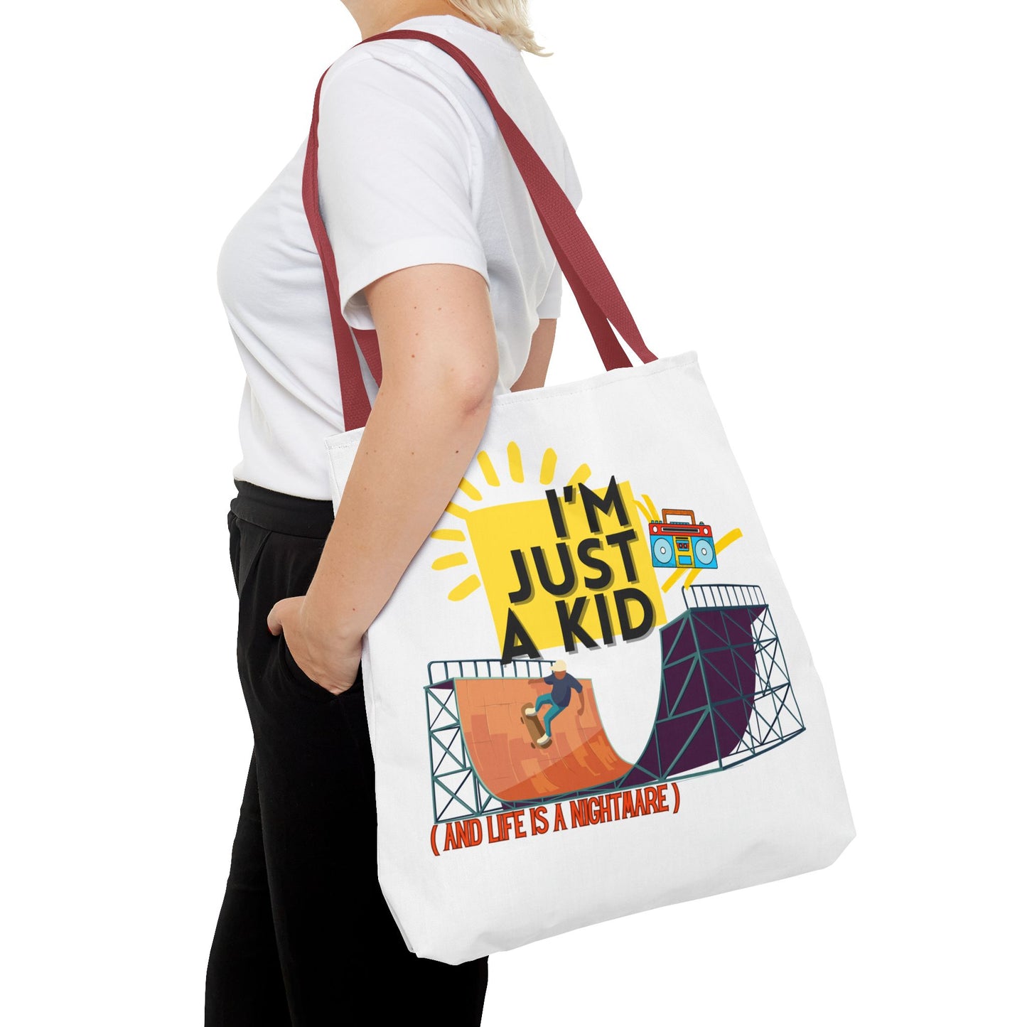 “I’m Just a Kid” Emotional Baggage Tote, Fun Kids Tote, Birthday Gift, School Bag, Everyday Essentials, AOP Design - Mixtape Hearts