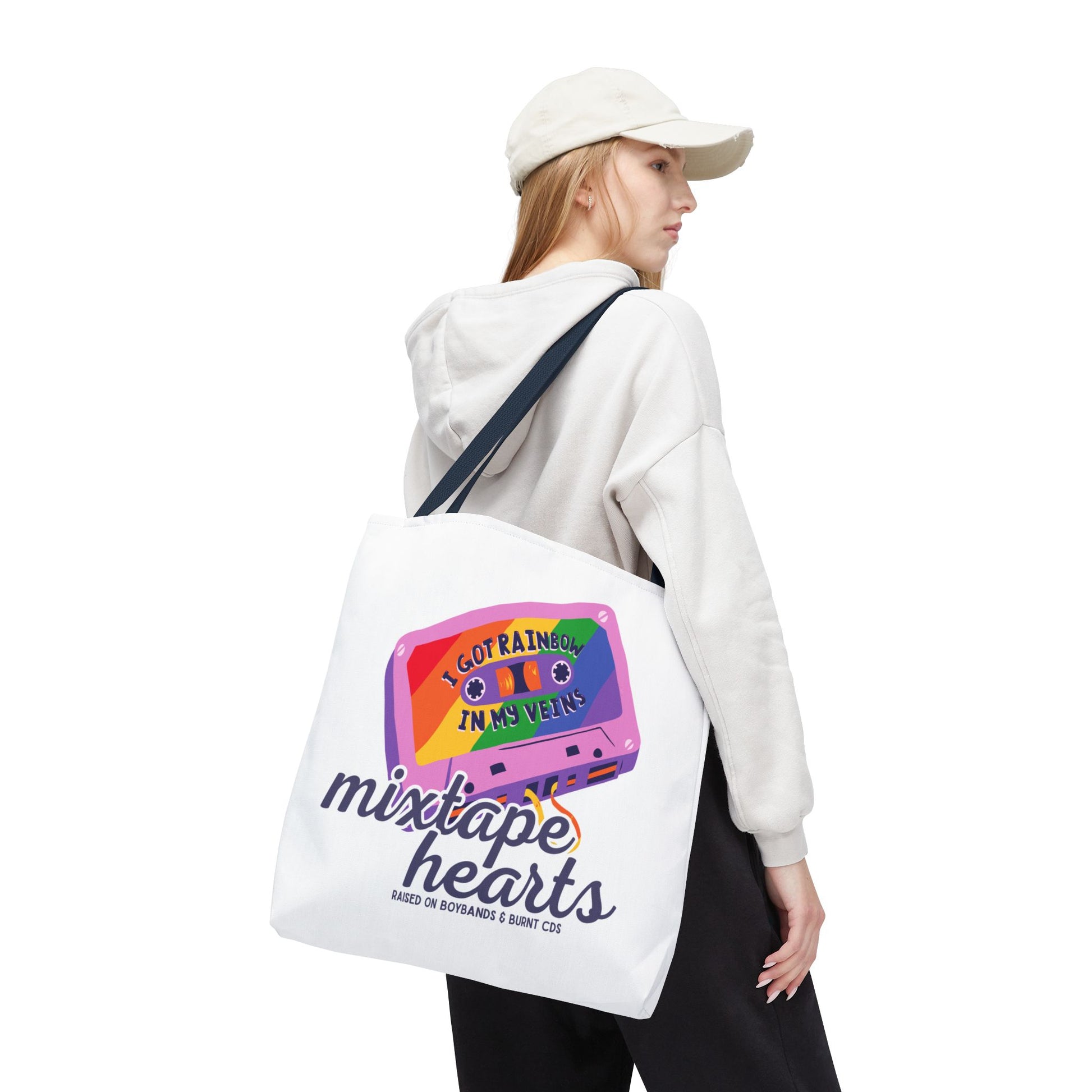 Raised on Boybands & Burnt CDs Tote Bag – Nostalgic Music Tote, Cute Tote, Gift for Fangirls, Fan Merchandise, Artsy Bag, AOP Design - Mixtape Hearts
