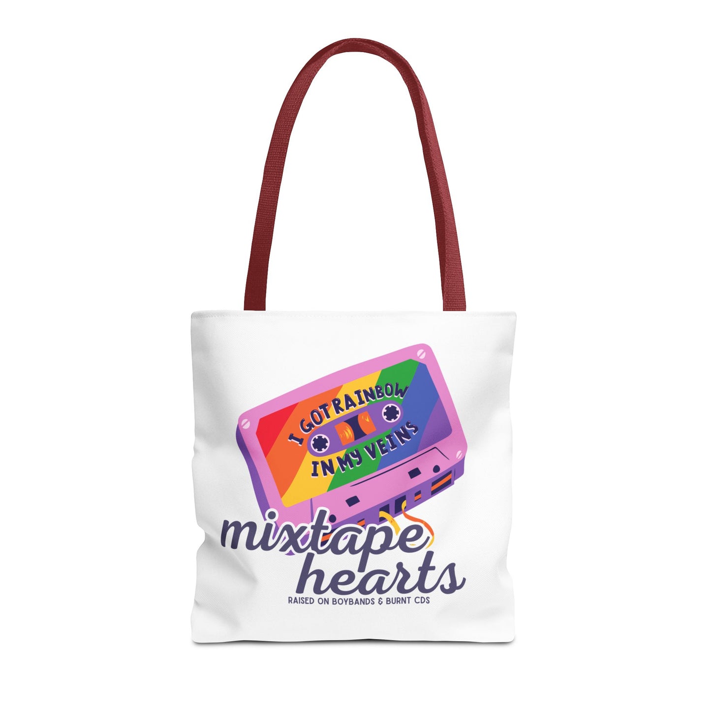Raised on Boybands & Burnt CDs Tote Bag – Nostalgic Music Tote, Cute Tote, Gift for Fangirls, Fan Merchandise, Artsy Bag, AOP Design - Mixtape Hearts