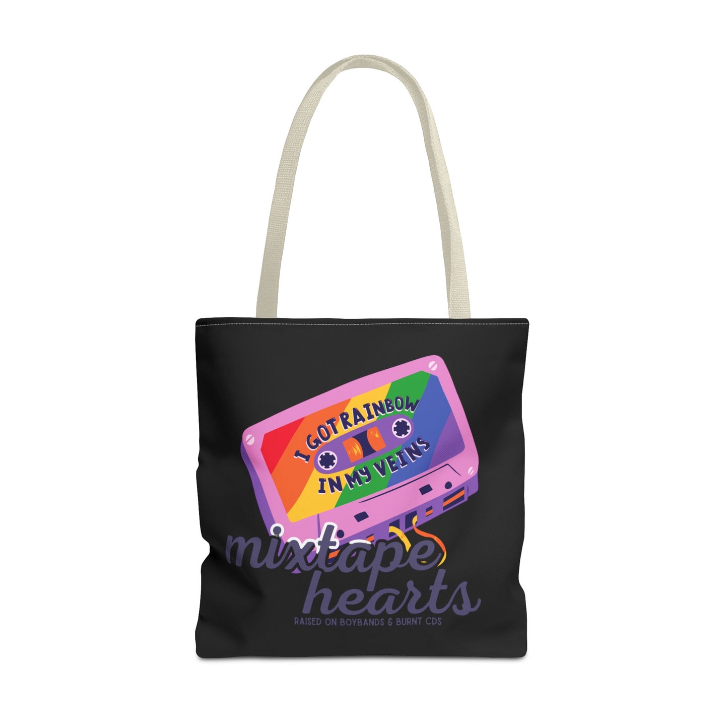 Raised on Boybands & Burnt CDs Tote Bag – Nostalgic Music Tote, Cute Tote, Gift for Fangirls, Fan Merchandise, Artsy Bag, AOP Design - Mixtape Hearts